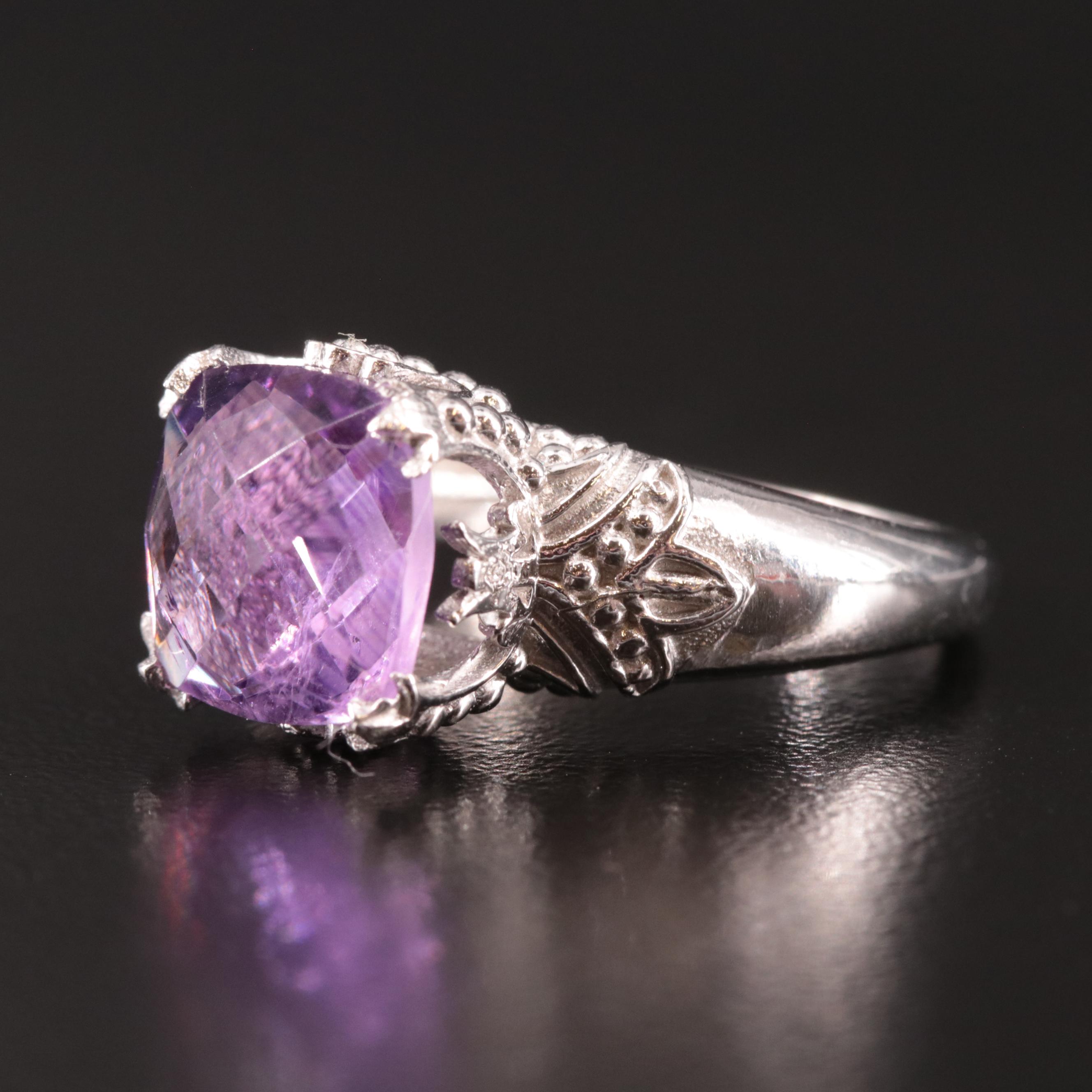 Sterling Amethyst Solitaire Ring with Textured Accents