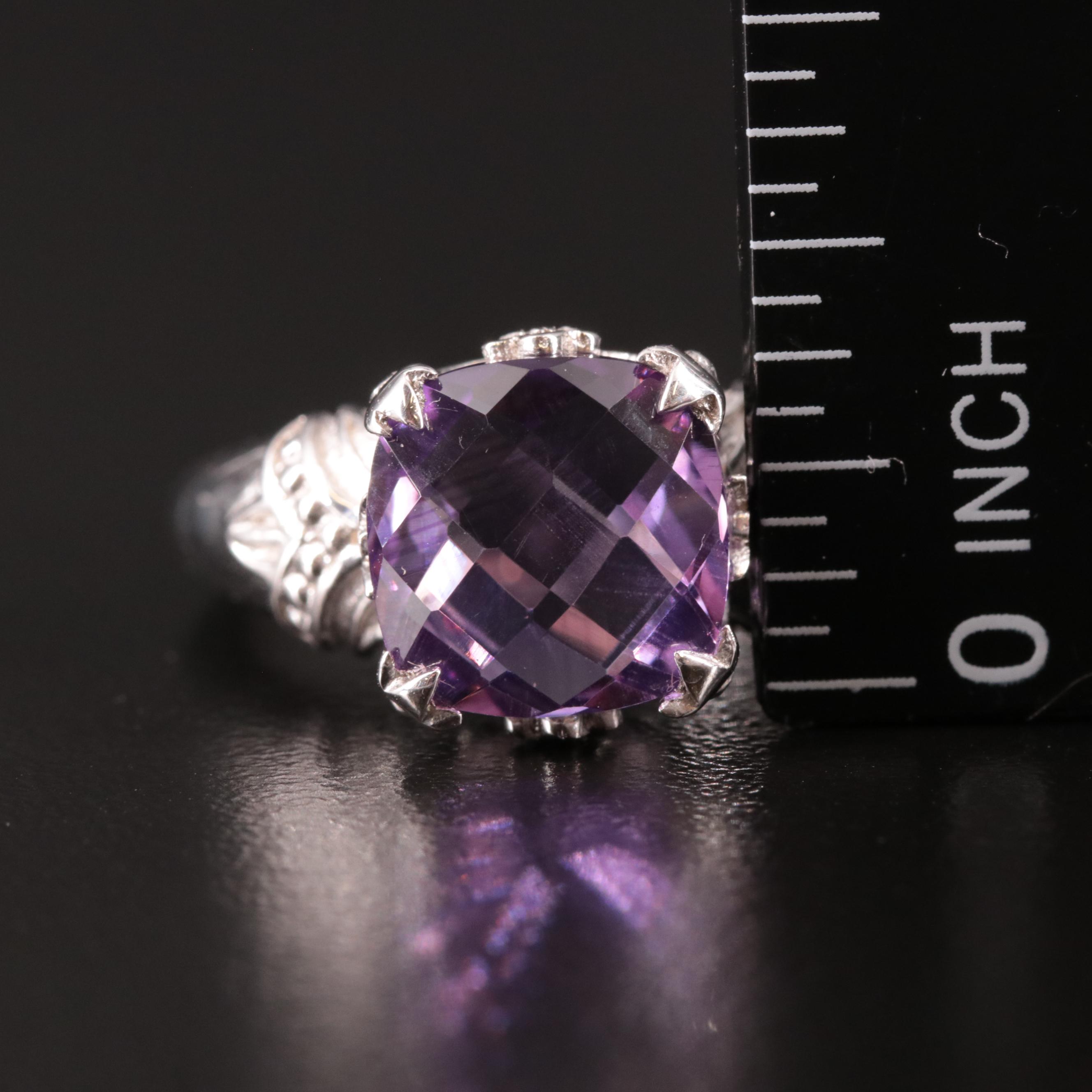 Sterling Amethyst Solitaire Ring with Textured Accents