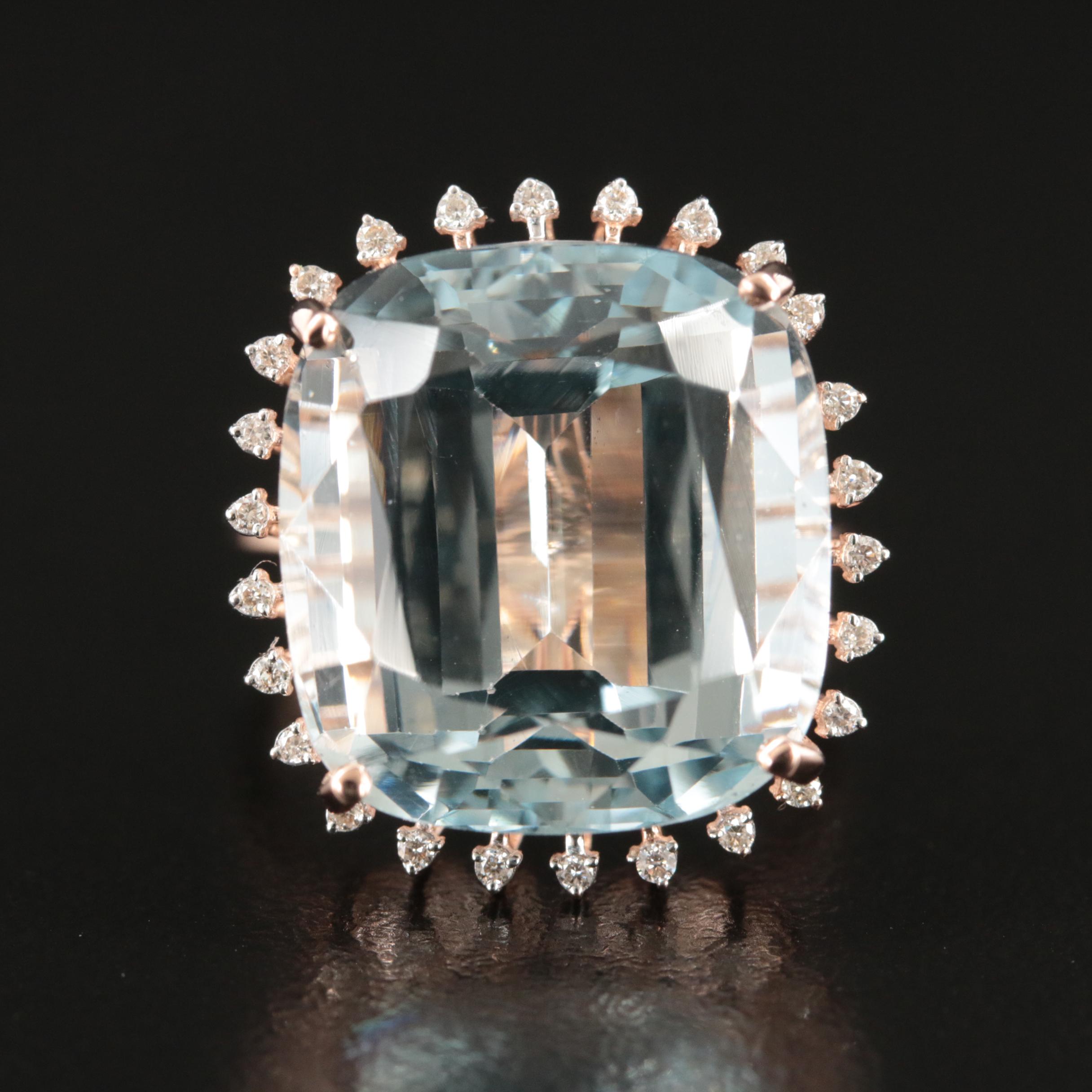 14K Rose Gold 20.26 CT Aquamarine and Diamond Ring
