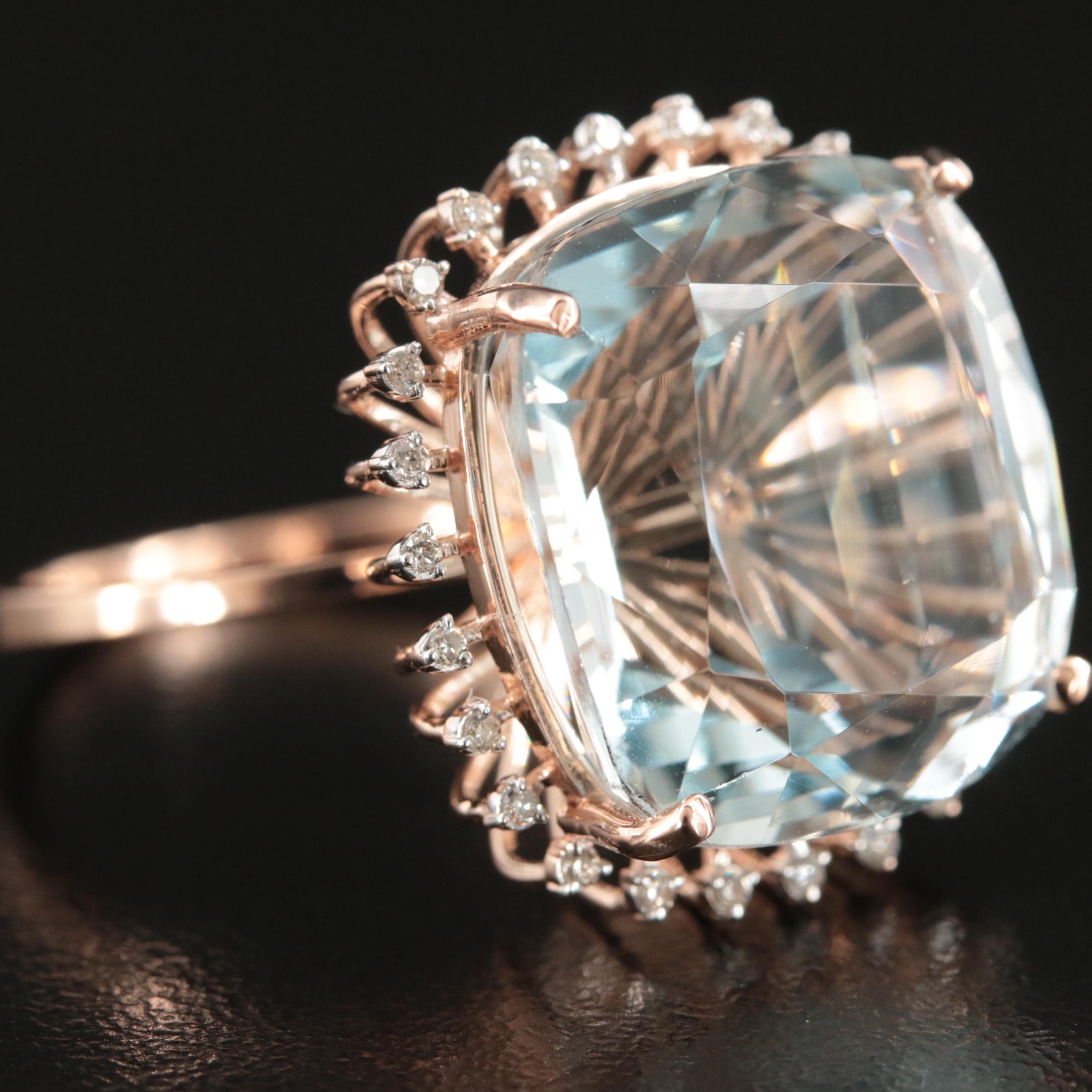 14K Rose Gold 20.26 CT Aquamarine and Diamond Ring