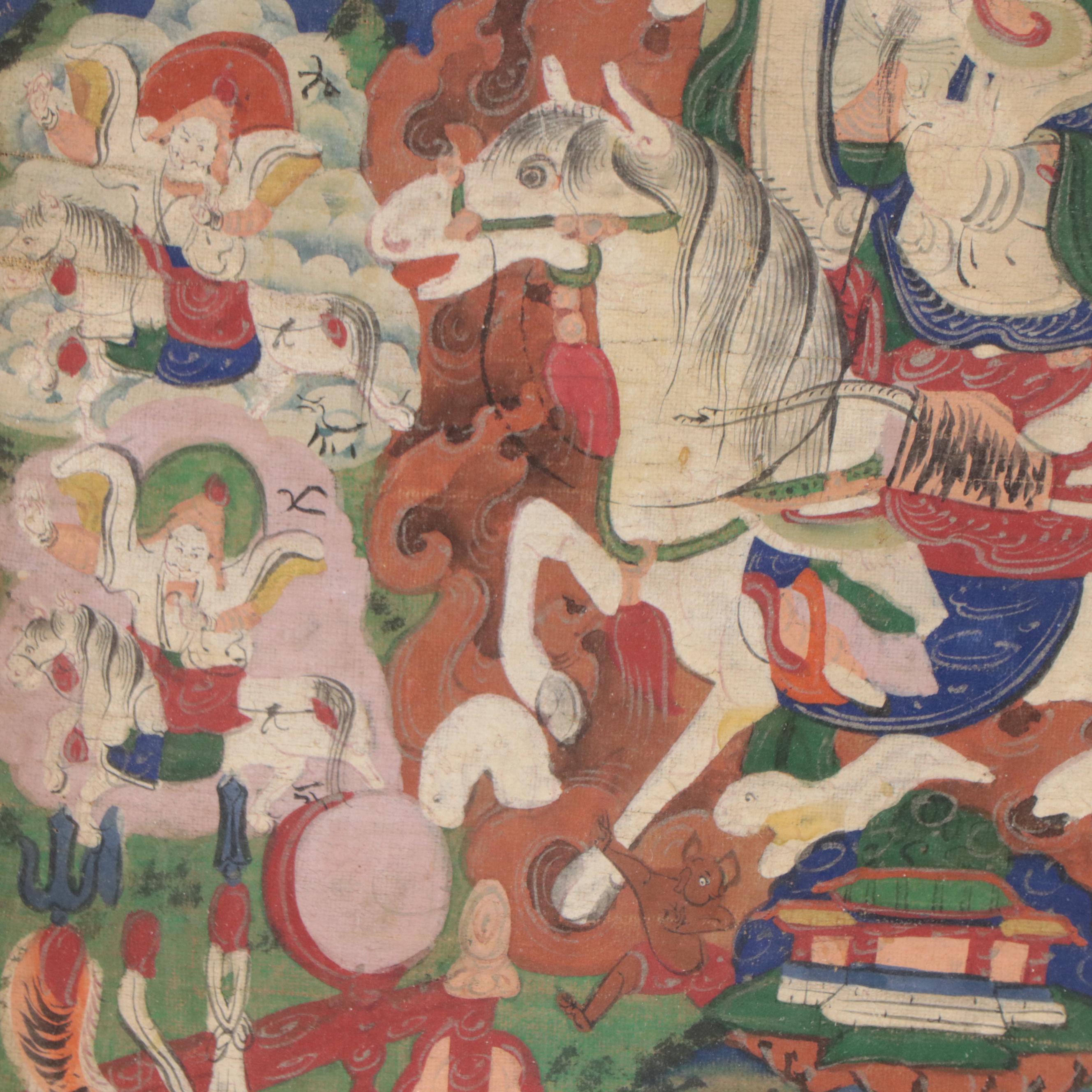Tibetan Buddhist Gouache Thangka of Dralha Tatug Karpo and Brothers