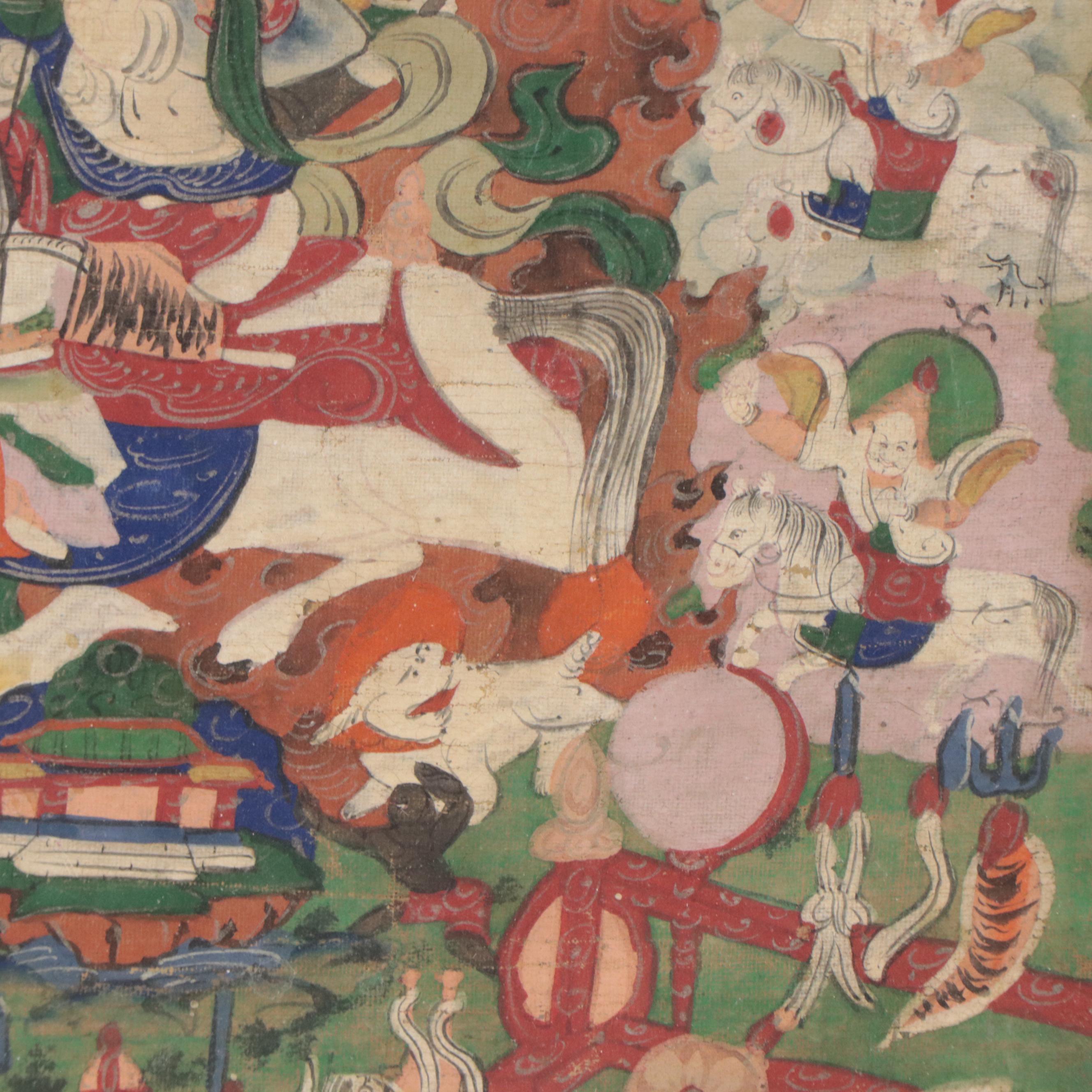 Tibetan Buddhist Gouache Thangka of Dralha Tatug Karpo and Brothers