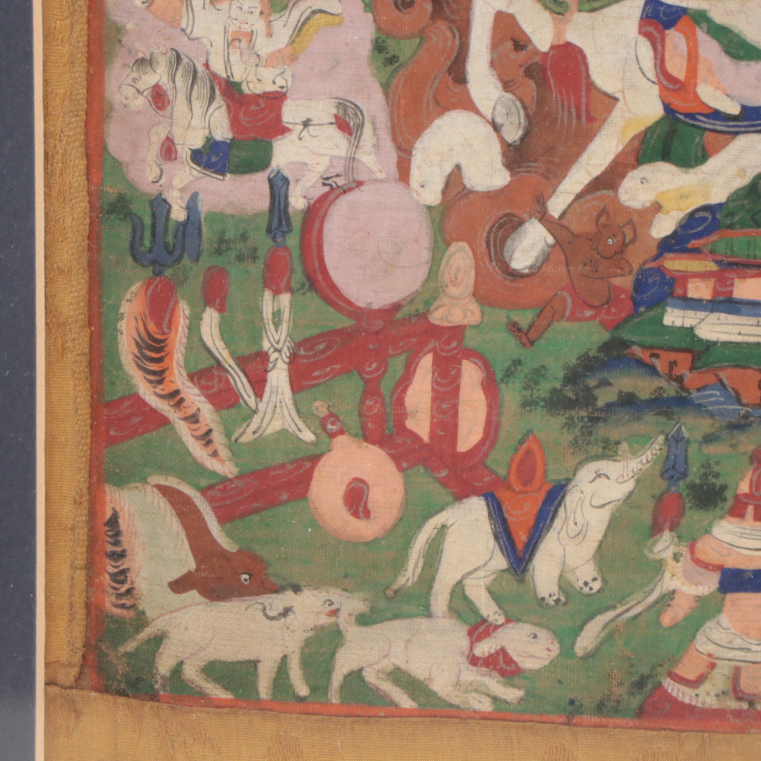 Tibetan Buddhist Gouache Thangka of Dralha Tatug Karpo and Brothers