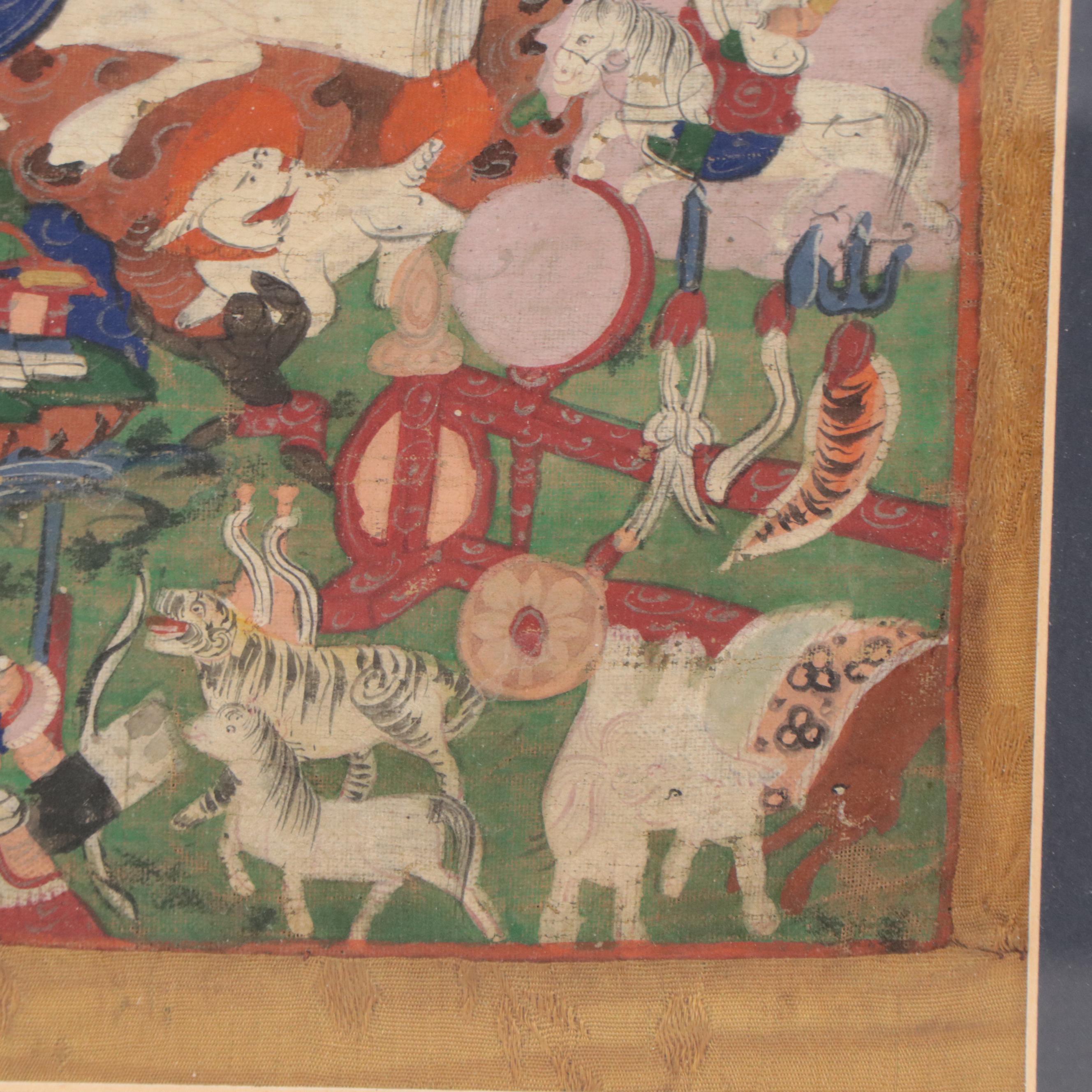 Tibetan Buddhist Gouache Thangka of Dralha Tatug Karpo and Brothers