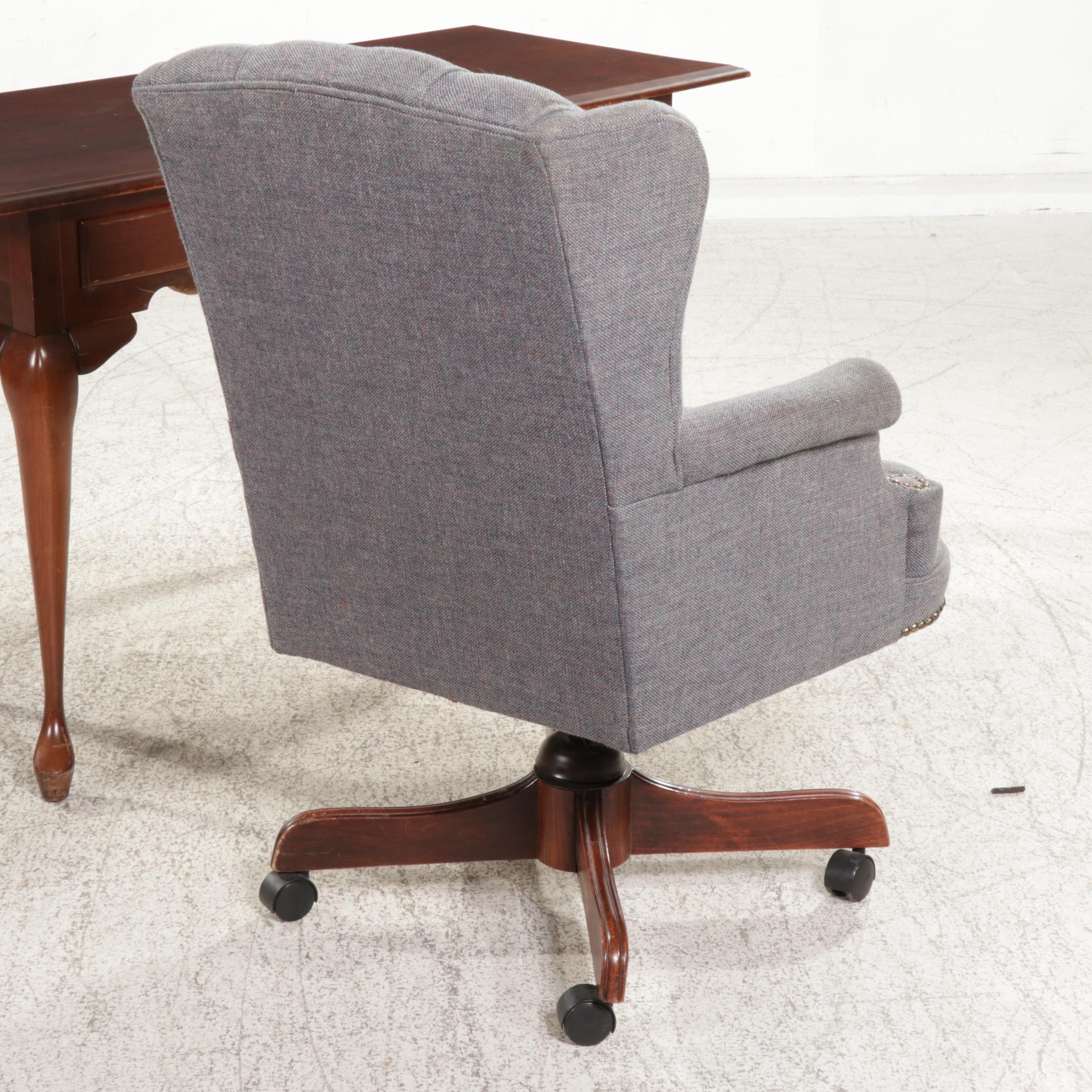 Queen Anne Style Cherry Writing Desk with Swivel Wing Chair, Late 20th Century