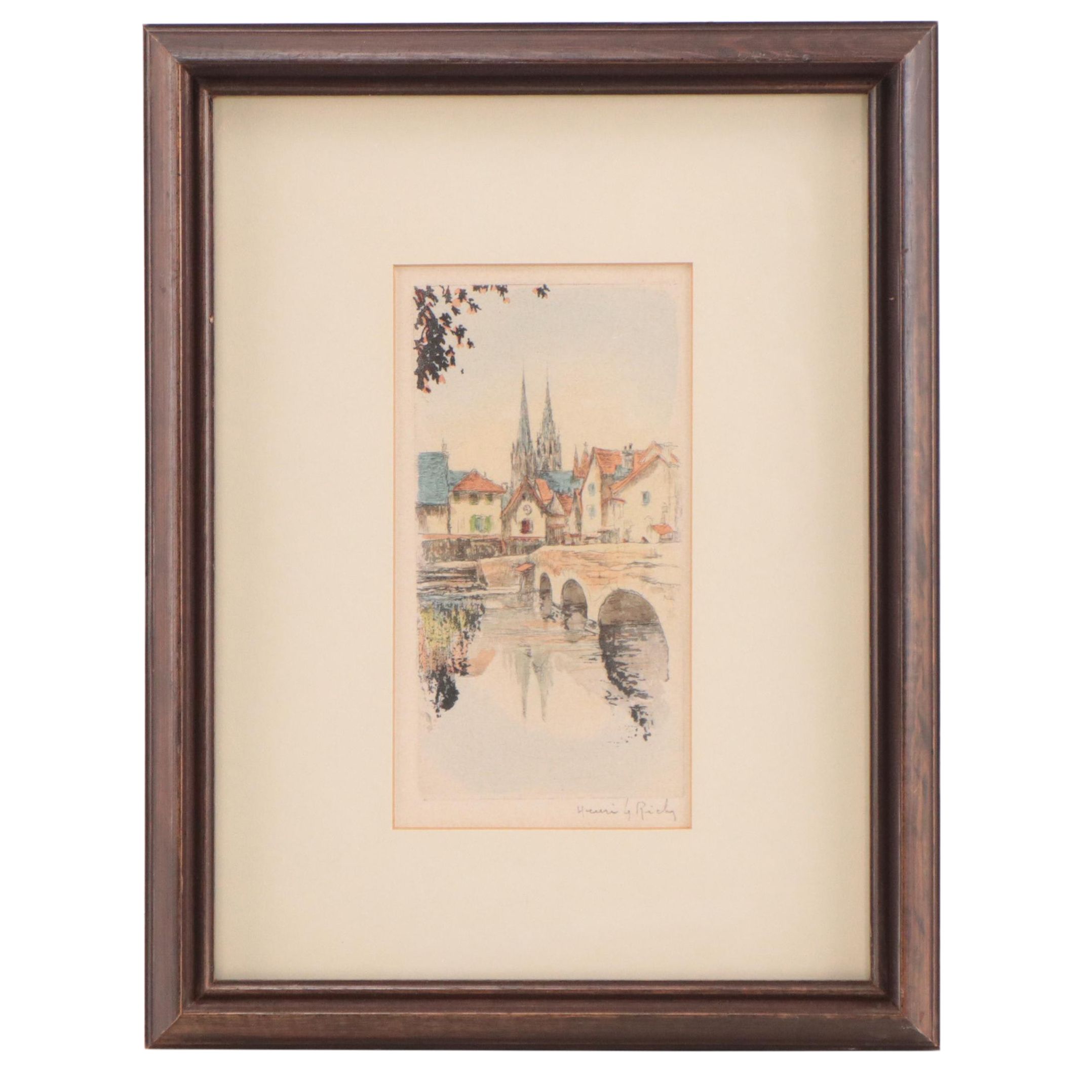 Henri Le Riche Etching With Aquatint of Paris Scene