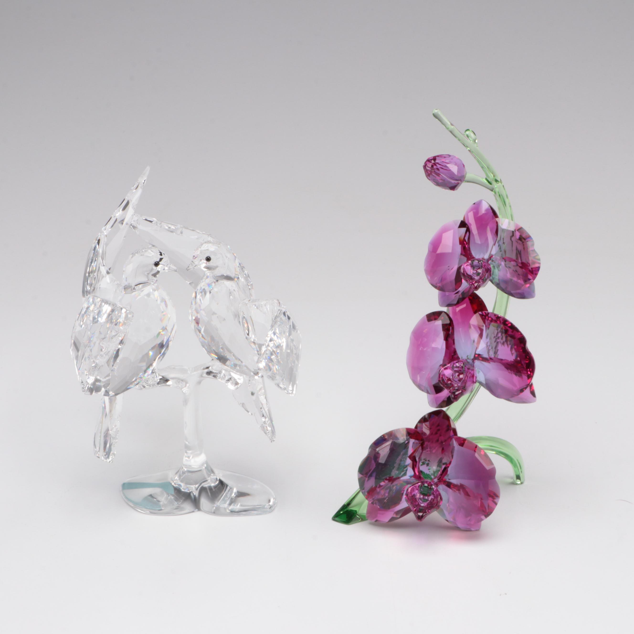 Swarovski "Turtledoves" and "Orchids" Crystal Figurines