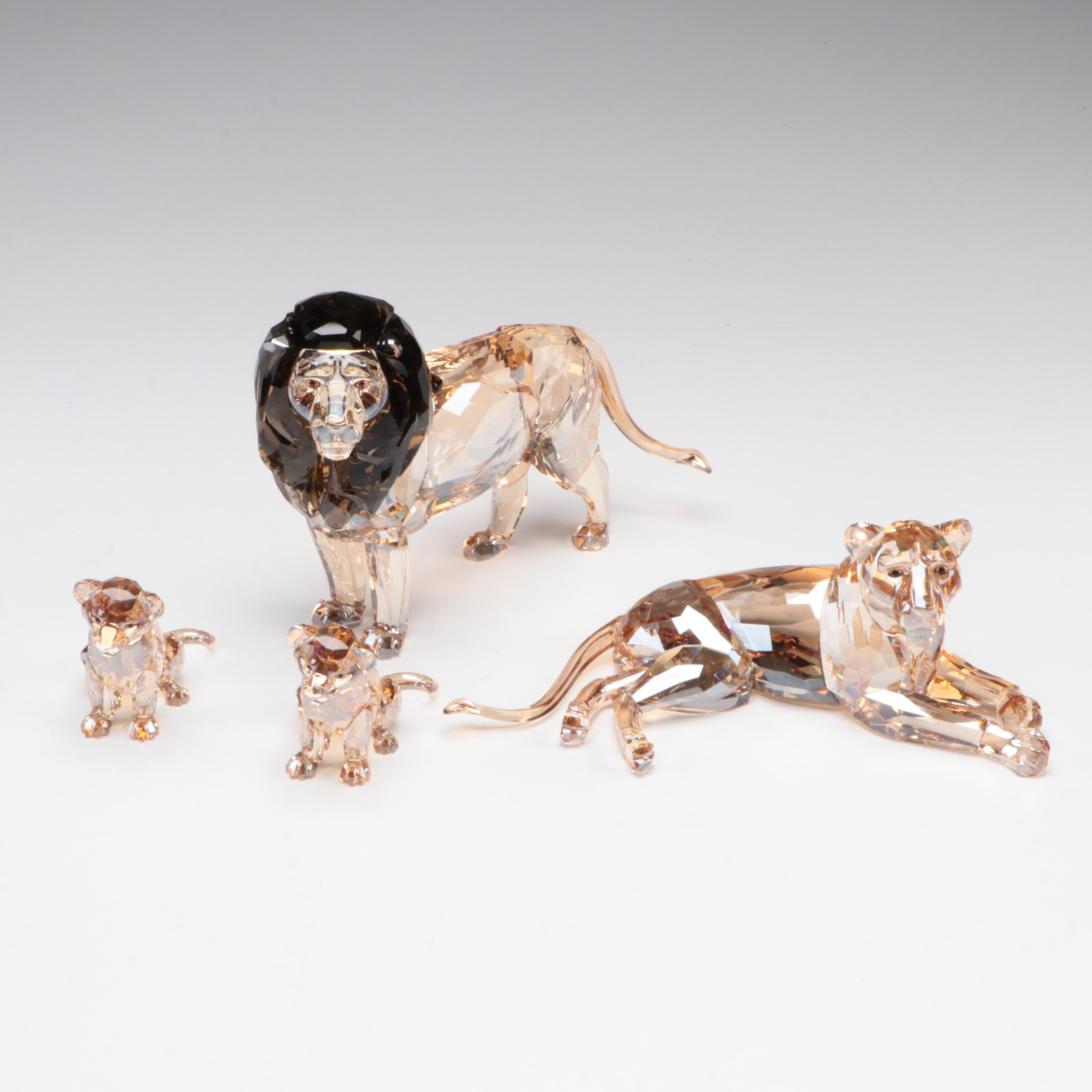 Swarovski "Lion Akili," "Lion Mother," and "Lion Cub" Crystal Figurines