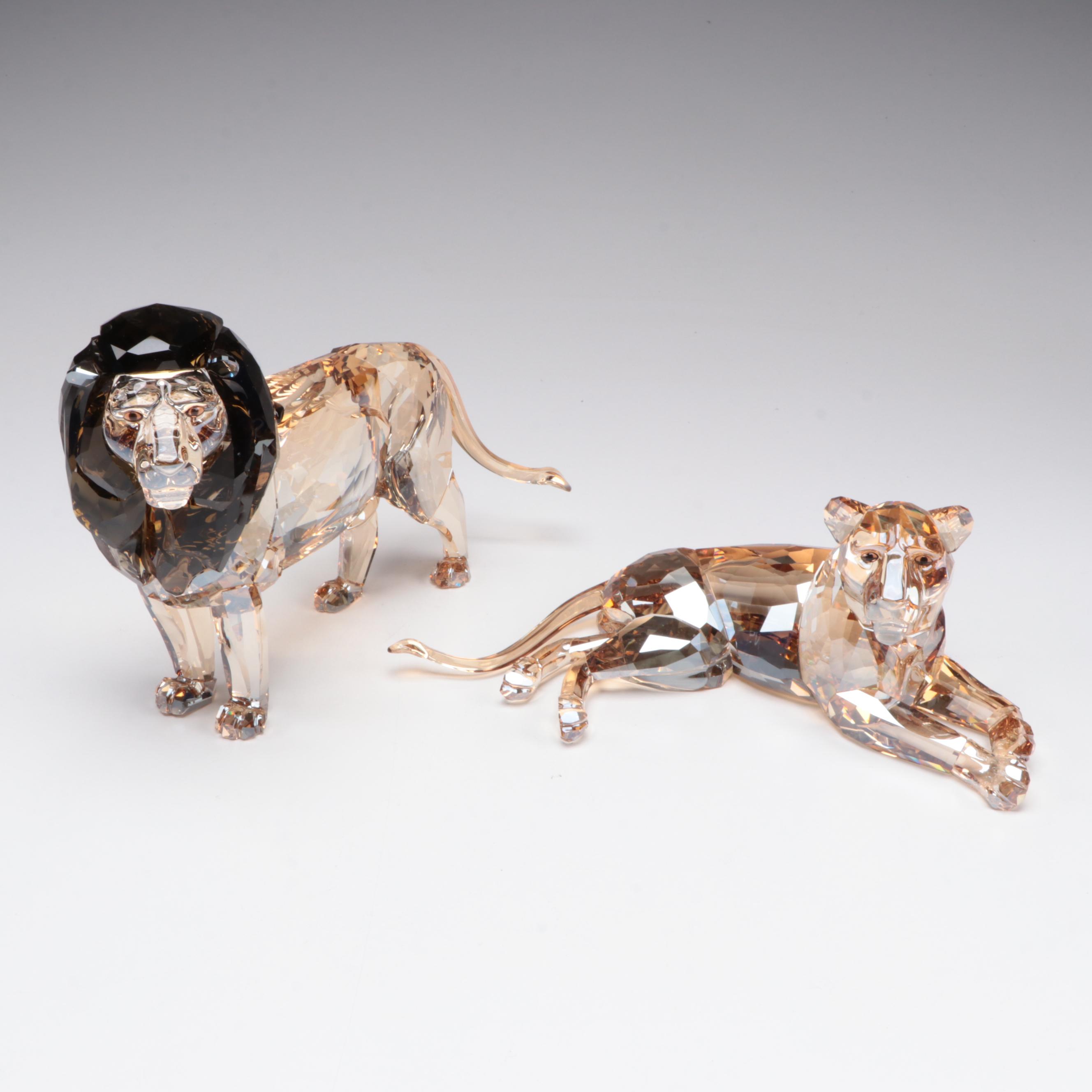 Swarovski "Lion Akili," "Lion Mother," and "Lion Cub" Crystal Figurines