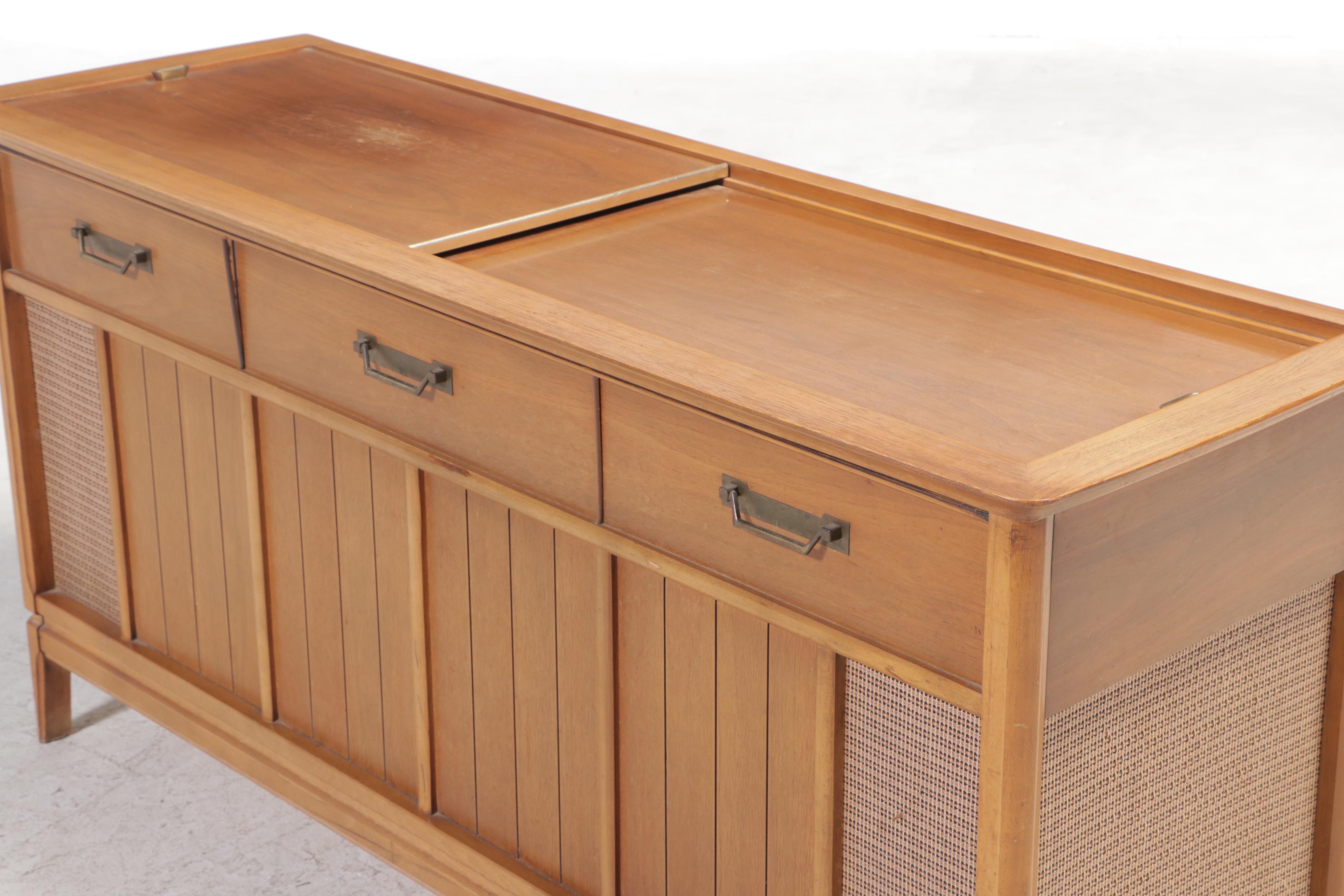 Magnavox Pecan Turntable Console Combination Stereo Cabinet, Mid-20th Century