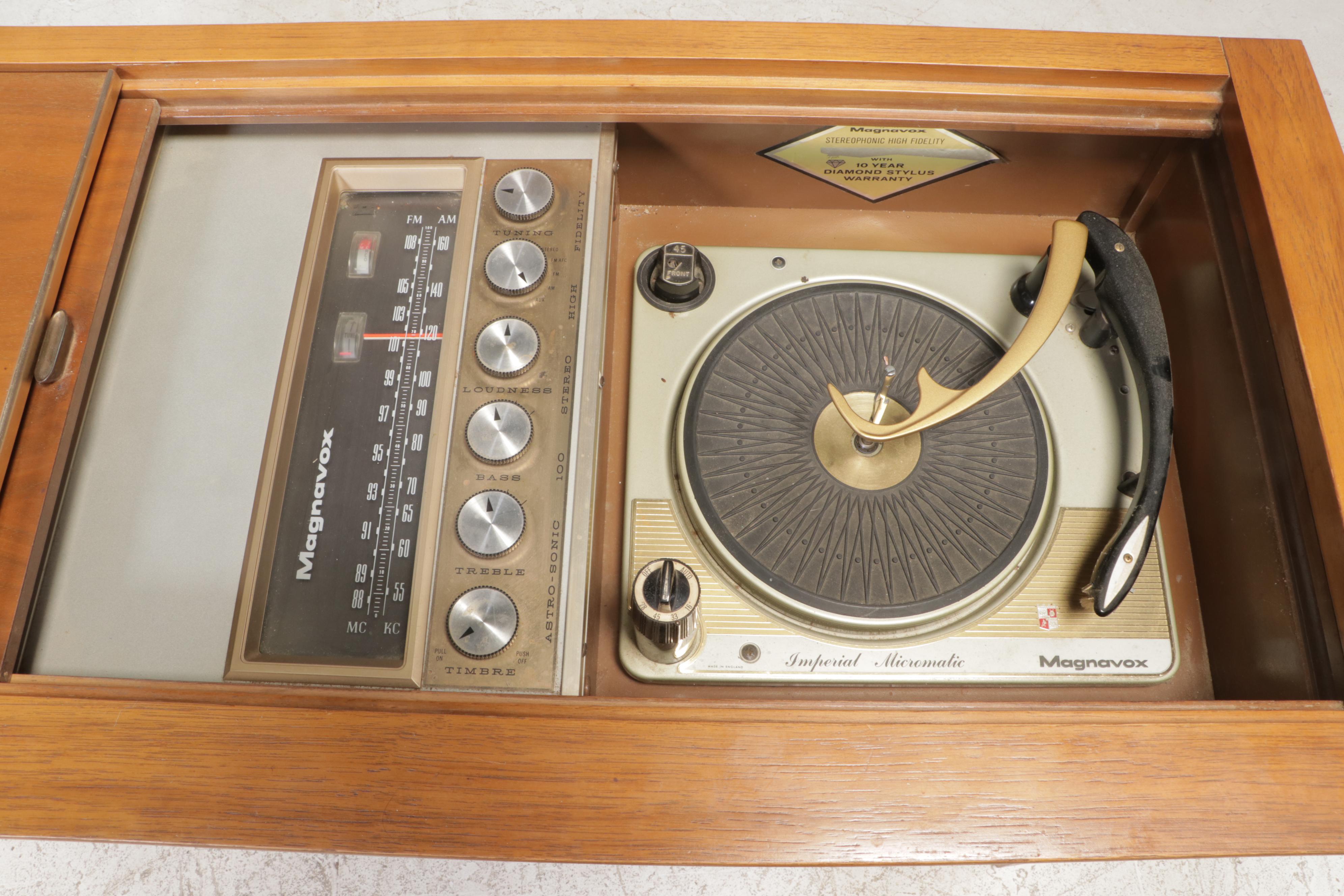 Magnavox Pecan Turntable Console Combination Stereo Cabinet, Mid-20th Century