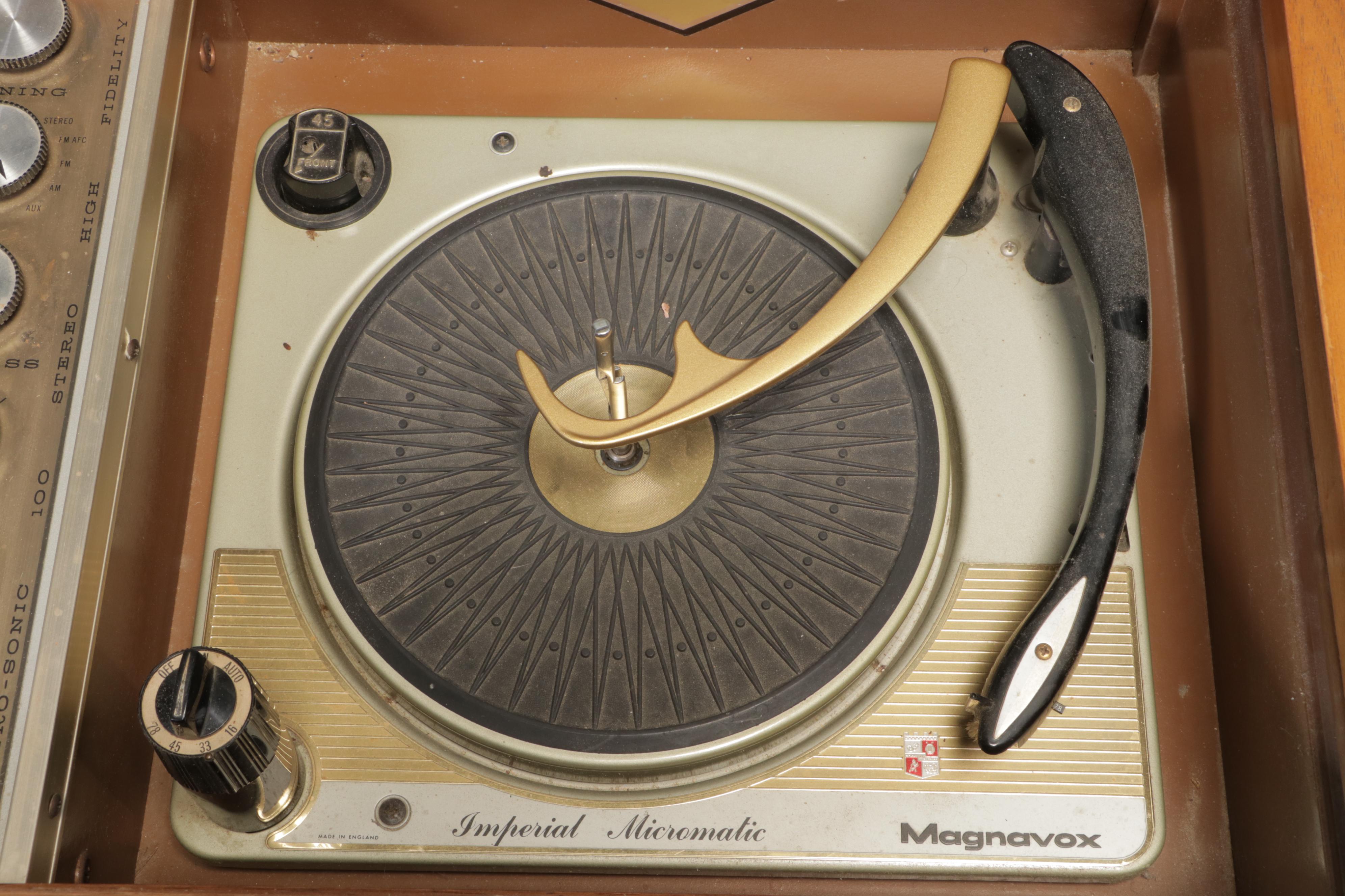 Magnavox Pecan Turntable Console Combination Stereo Cabinet, Mid-20th Century