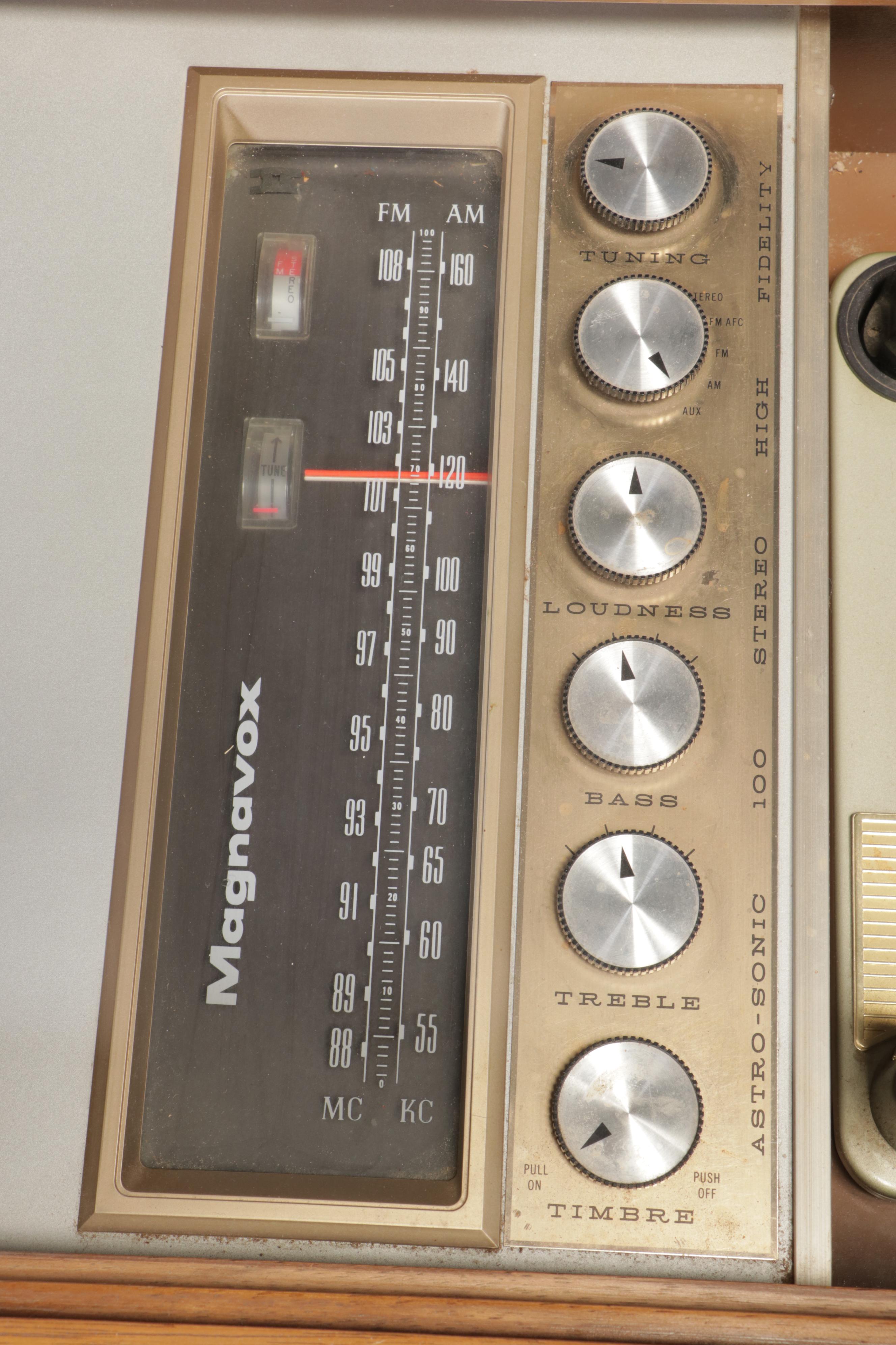 Magnavox Pecan Turntable Console Combination Stereo Cabinet, Mid-20th Century