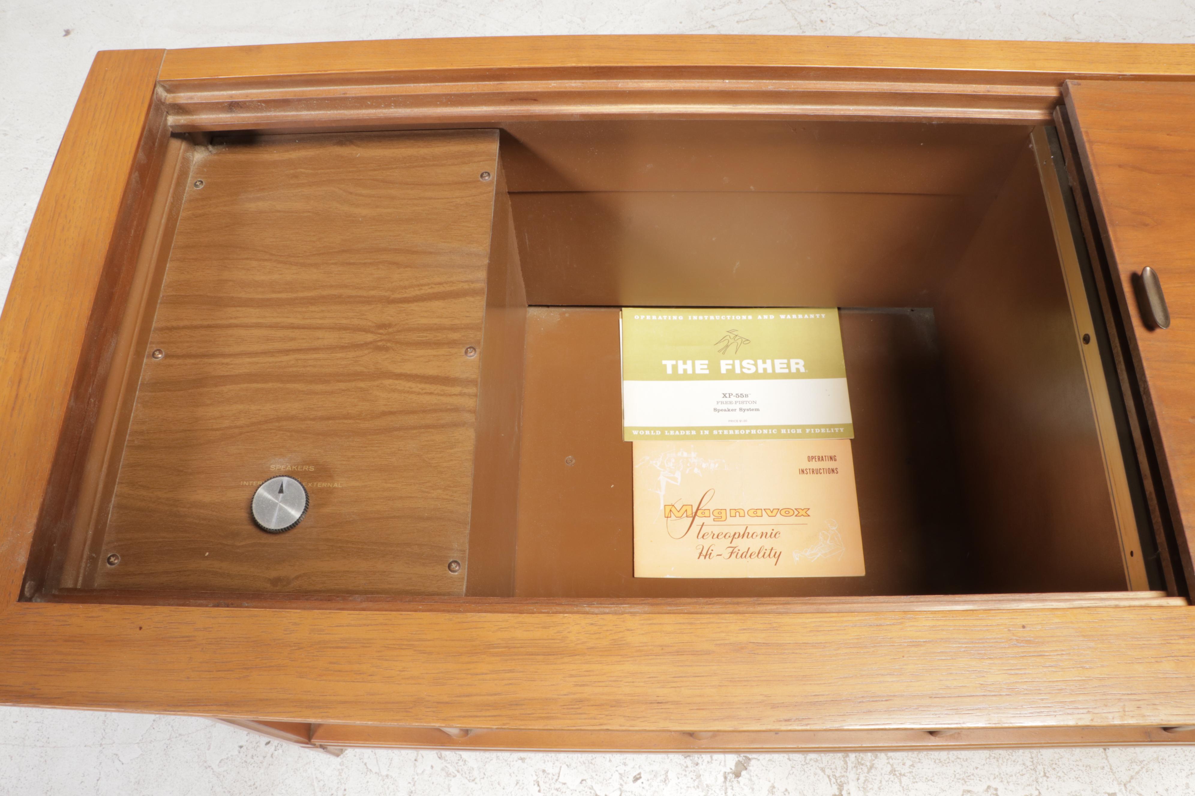 Magnavox Pecan Turntable Console Combination Stereo Cabinet, Mid-20th Century