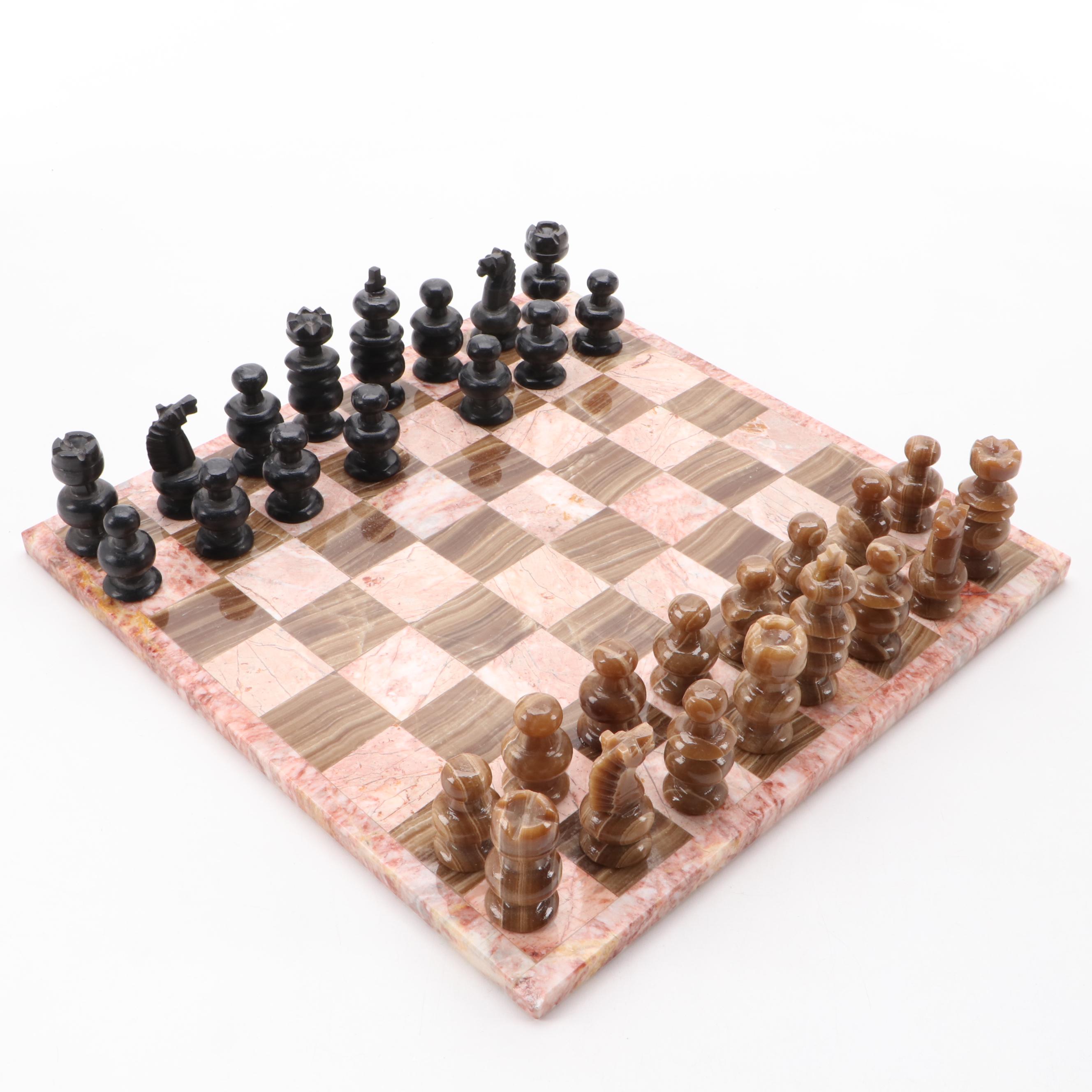 Pink Marble and Agate Chess Board with Carved Stone Pieces