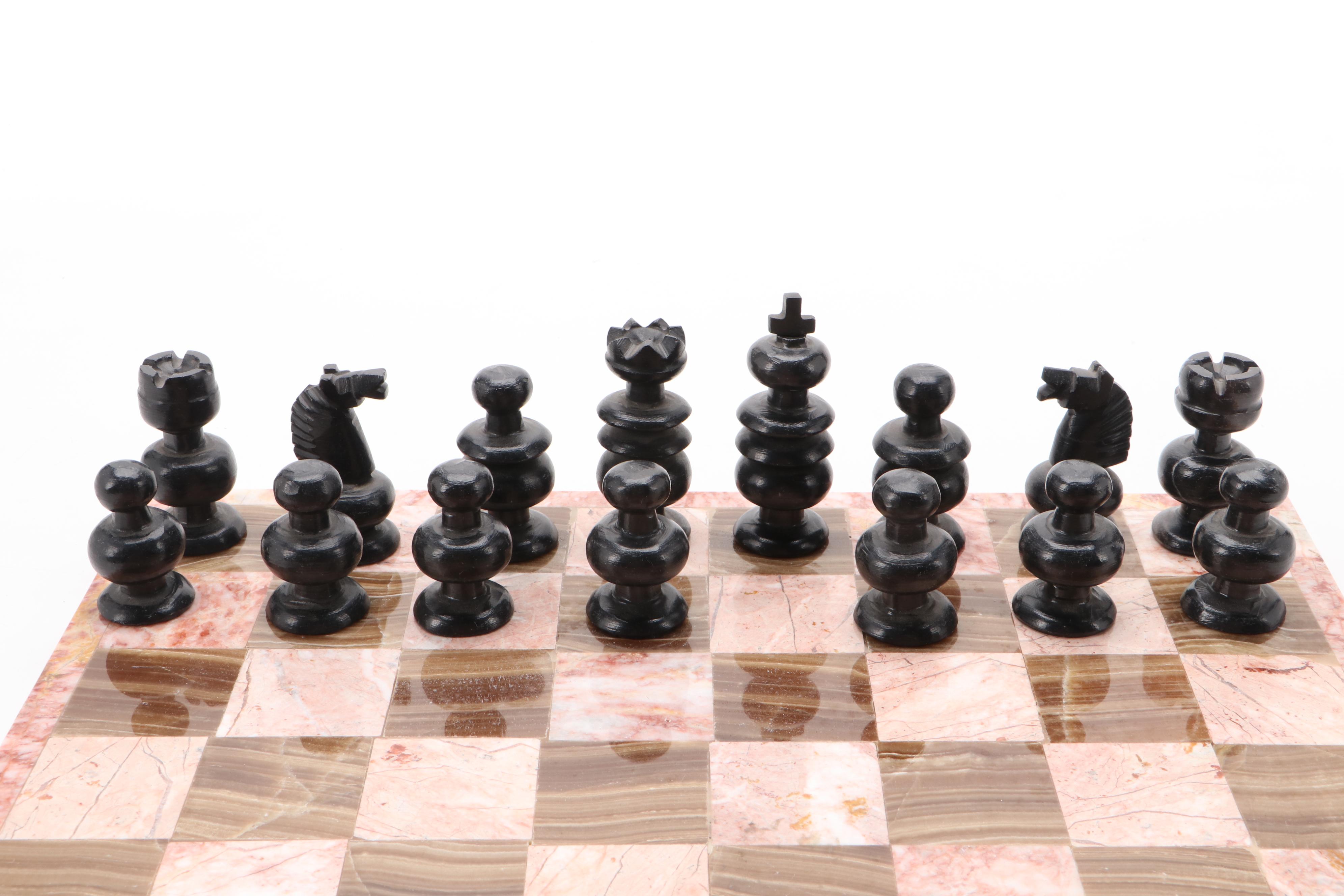 Pink Marble and Agate Chess Board with Carved Stone Pieces