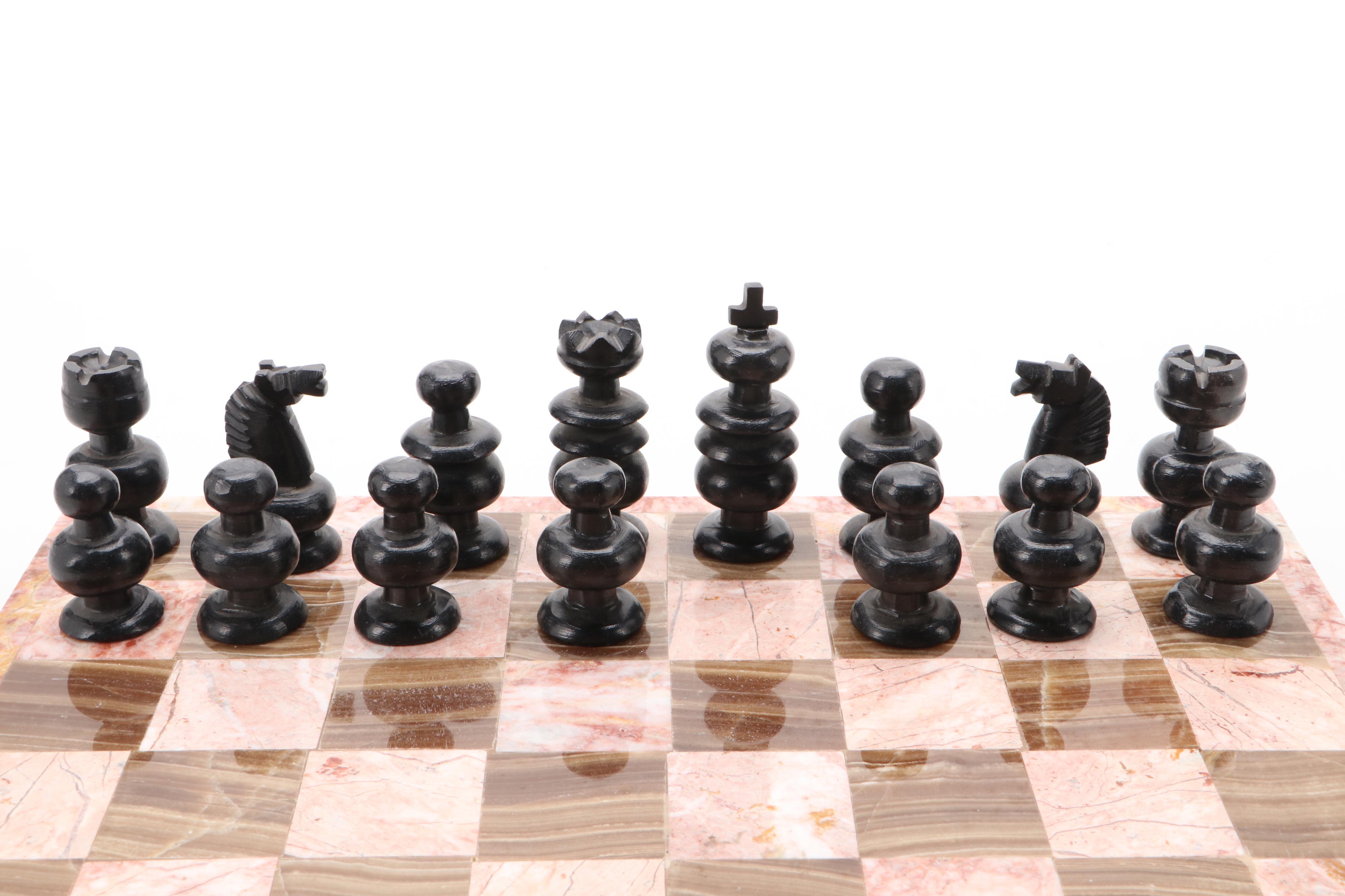 Pink Marble and Agate Chess Board with Carved Stone Pieces