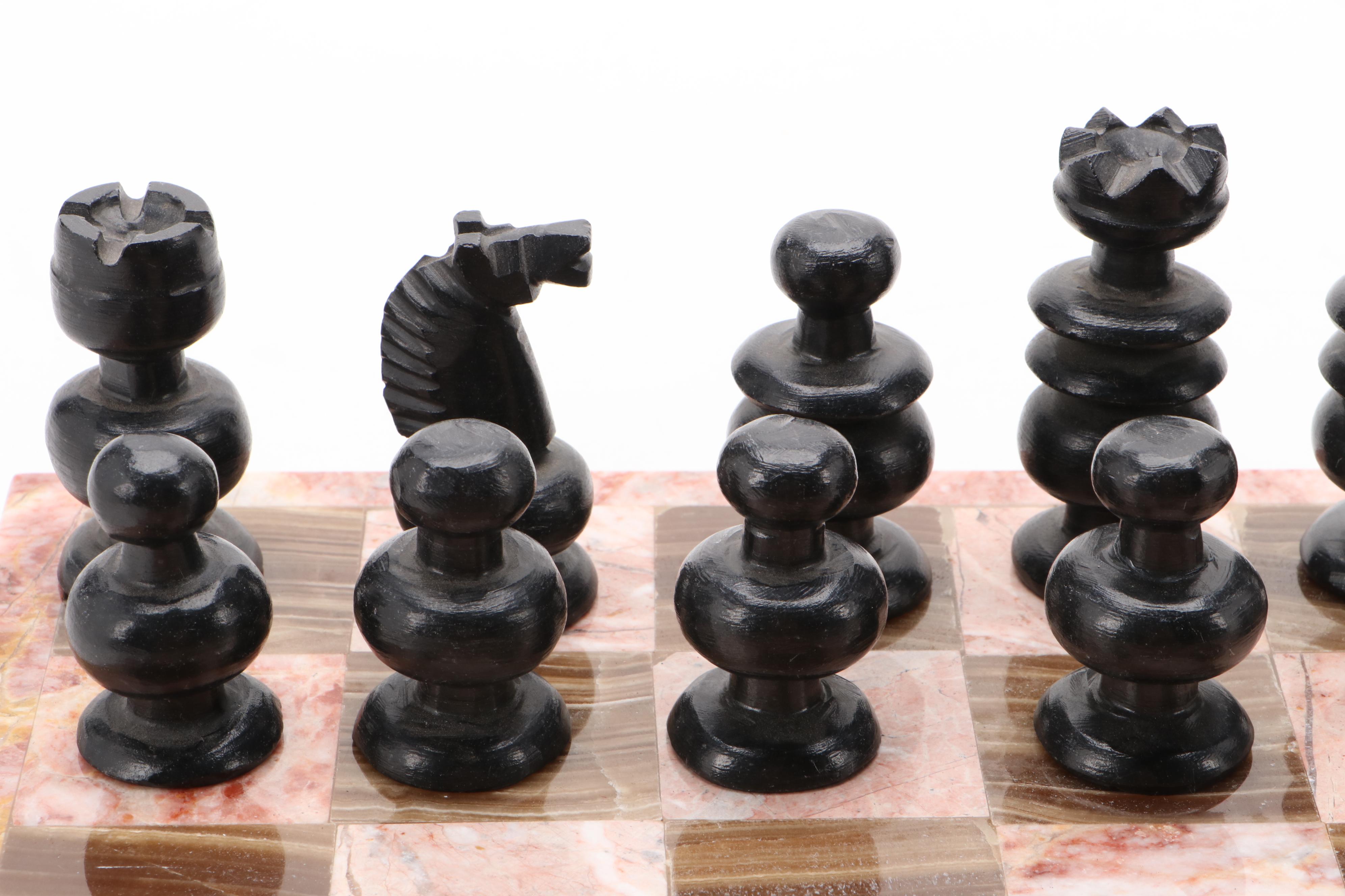 Pink Marble and Agate Chess Board with Carved Stone Pieces