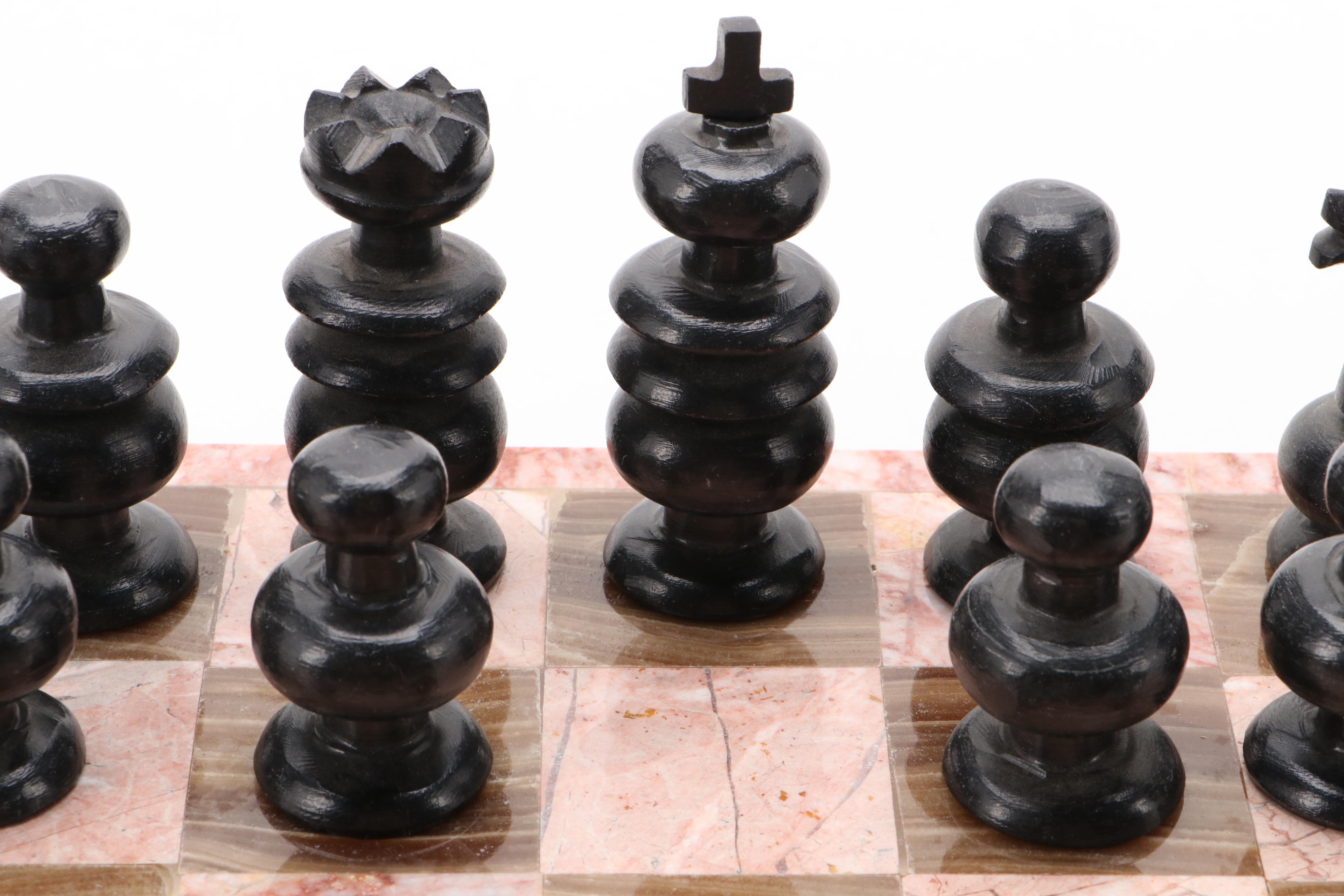 Pink Marble and Agate Chess Board with Carved Stone Pieces