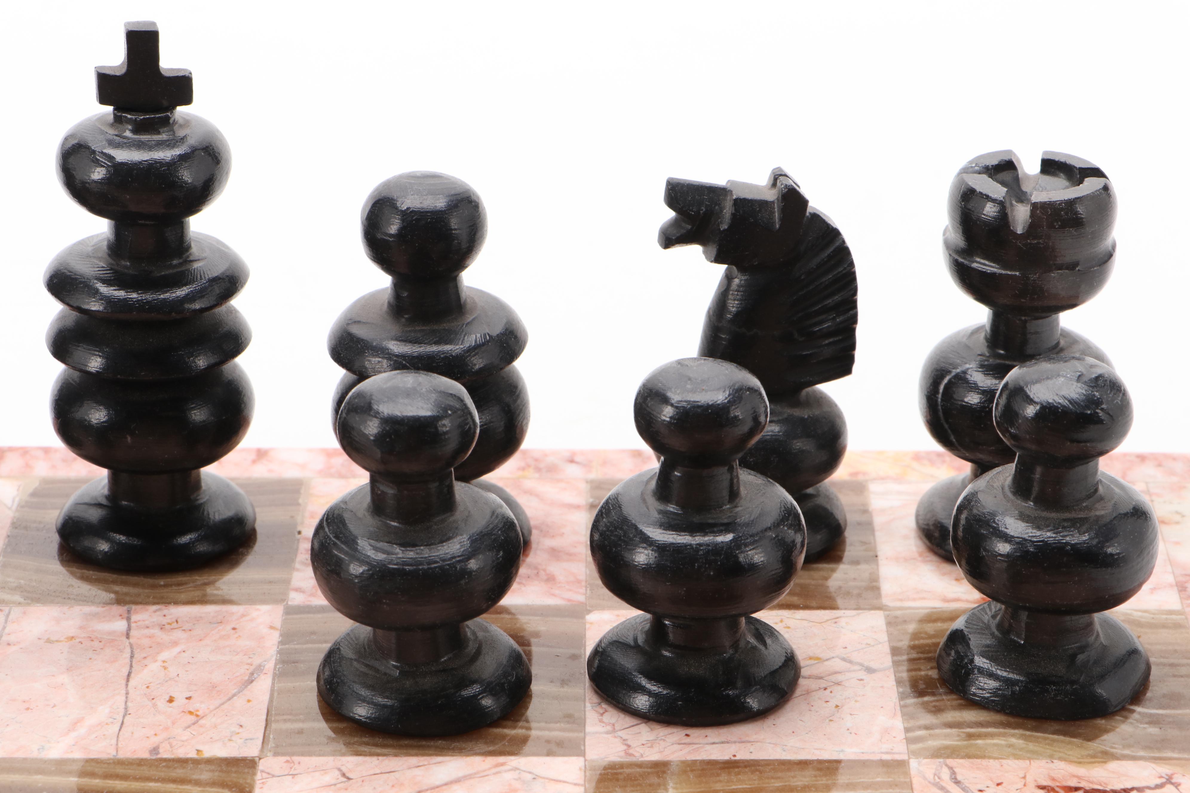 Pink Marble and Agate Chess Board with Carved Stone Pieces