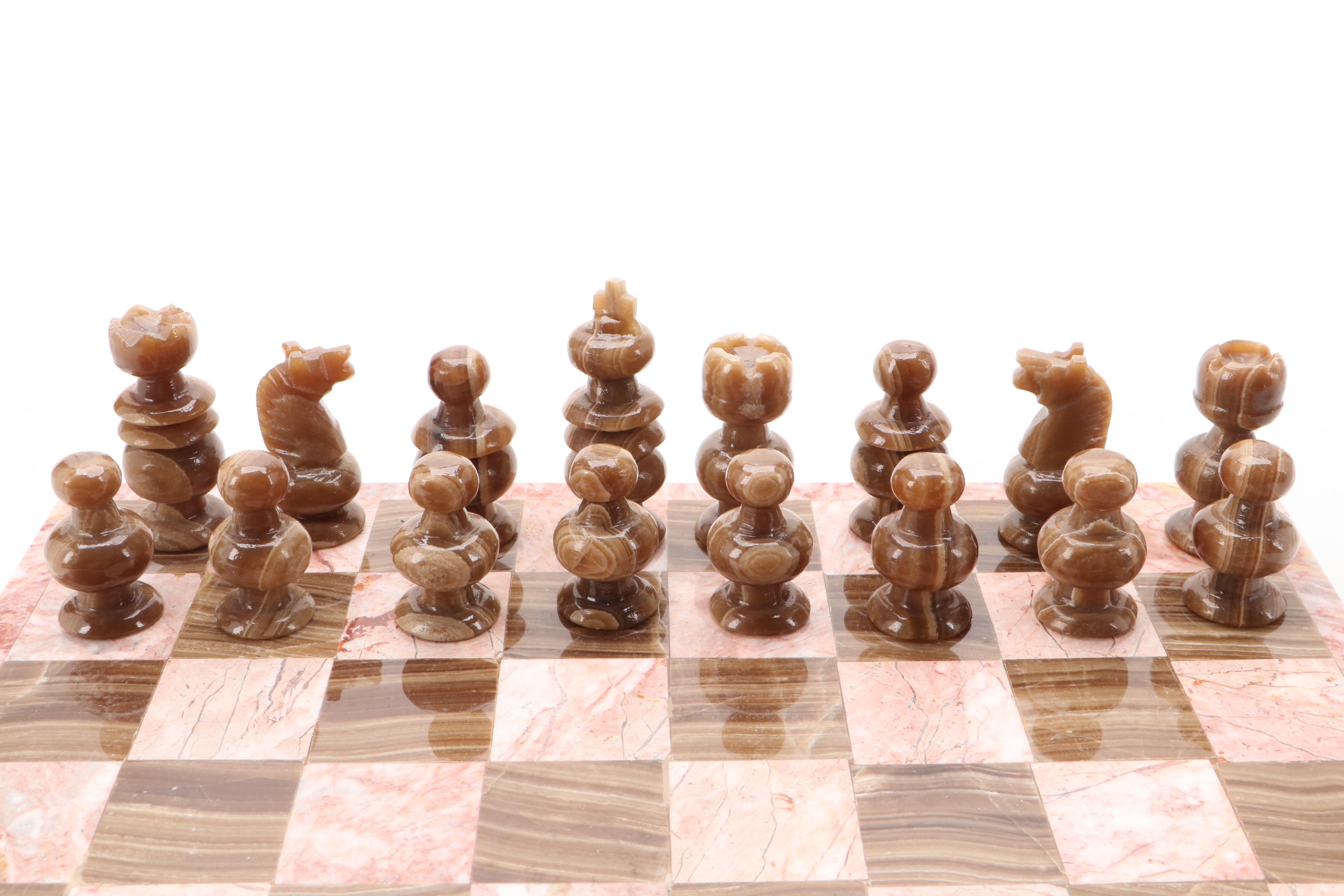 Pink Marble and Agate Chess Board with Carved Stone Pieces