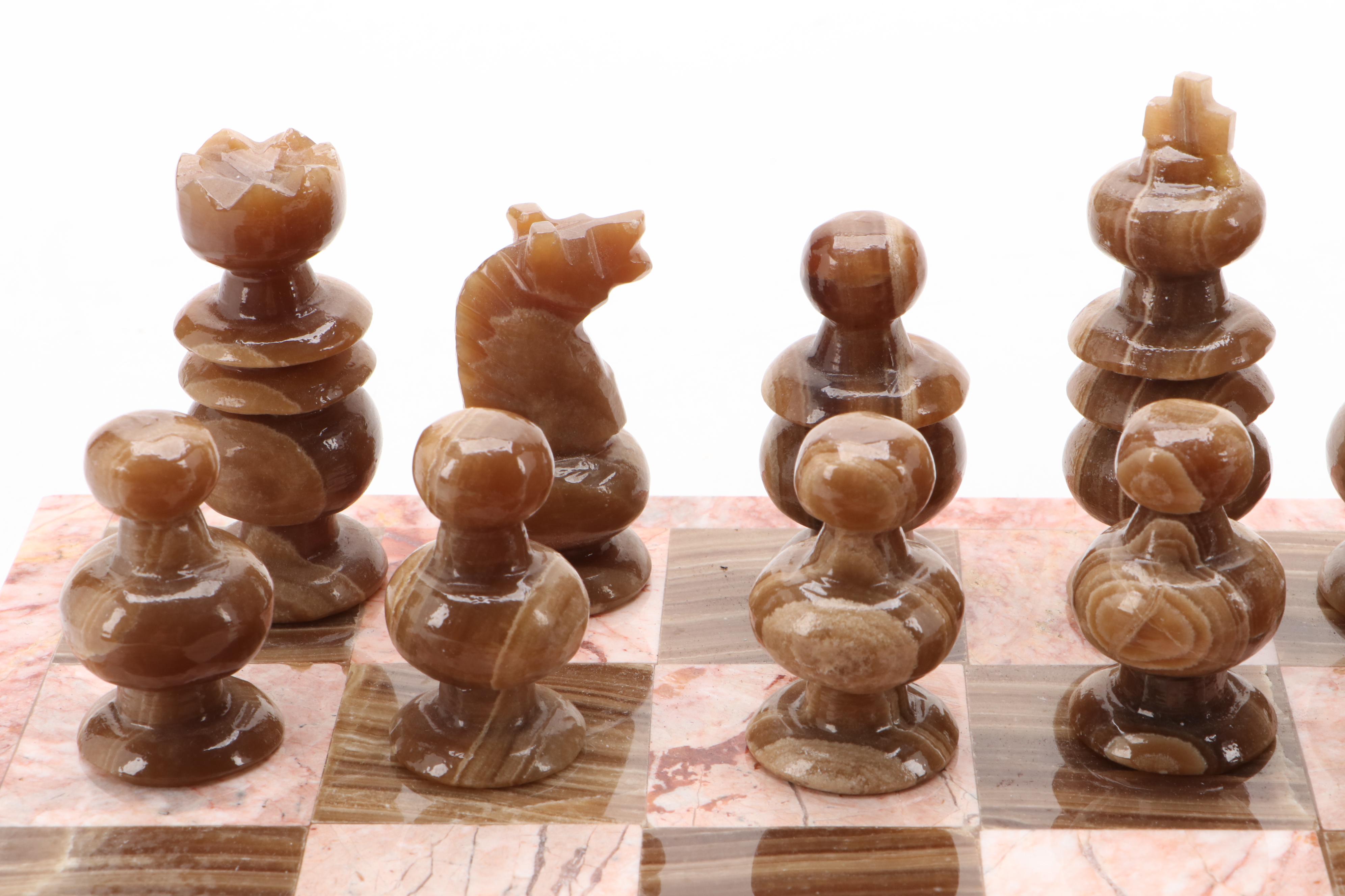 Pink Marble and Agate Chess Board with Carved Stone Pieces