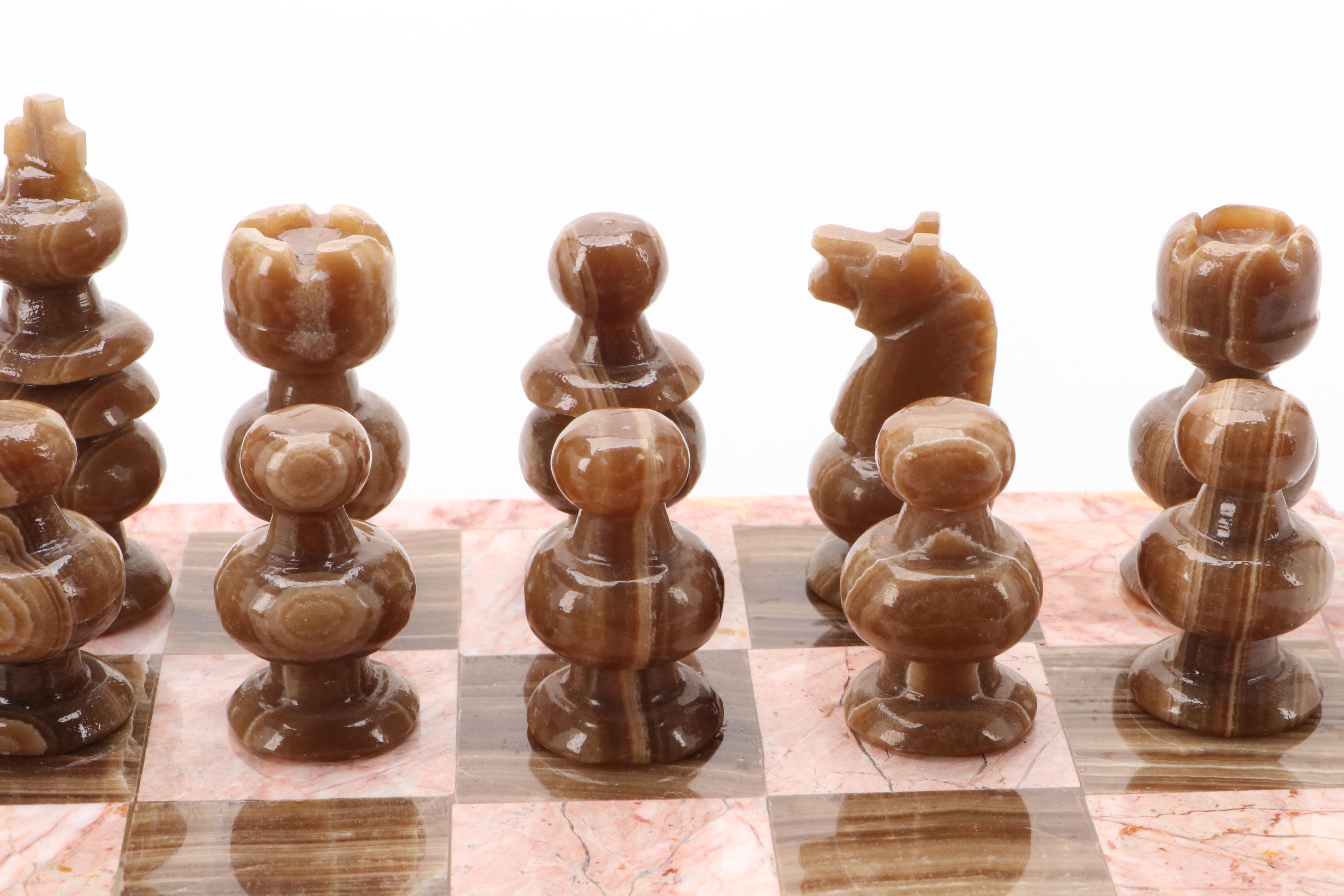 Pink Marble and Agate Chess Board with Carved Stone Pieces