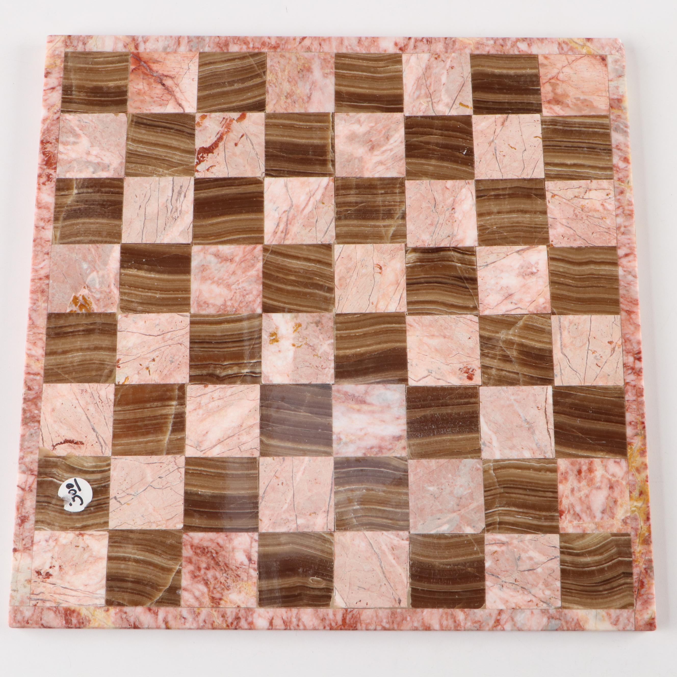 Pink Marble and Agate Chess Board with Carved Stone Pieces