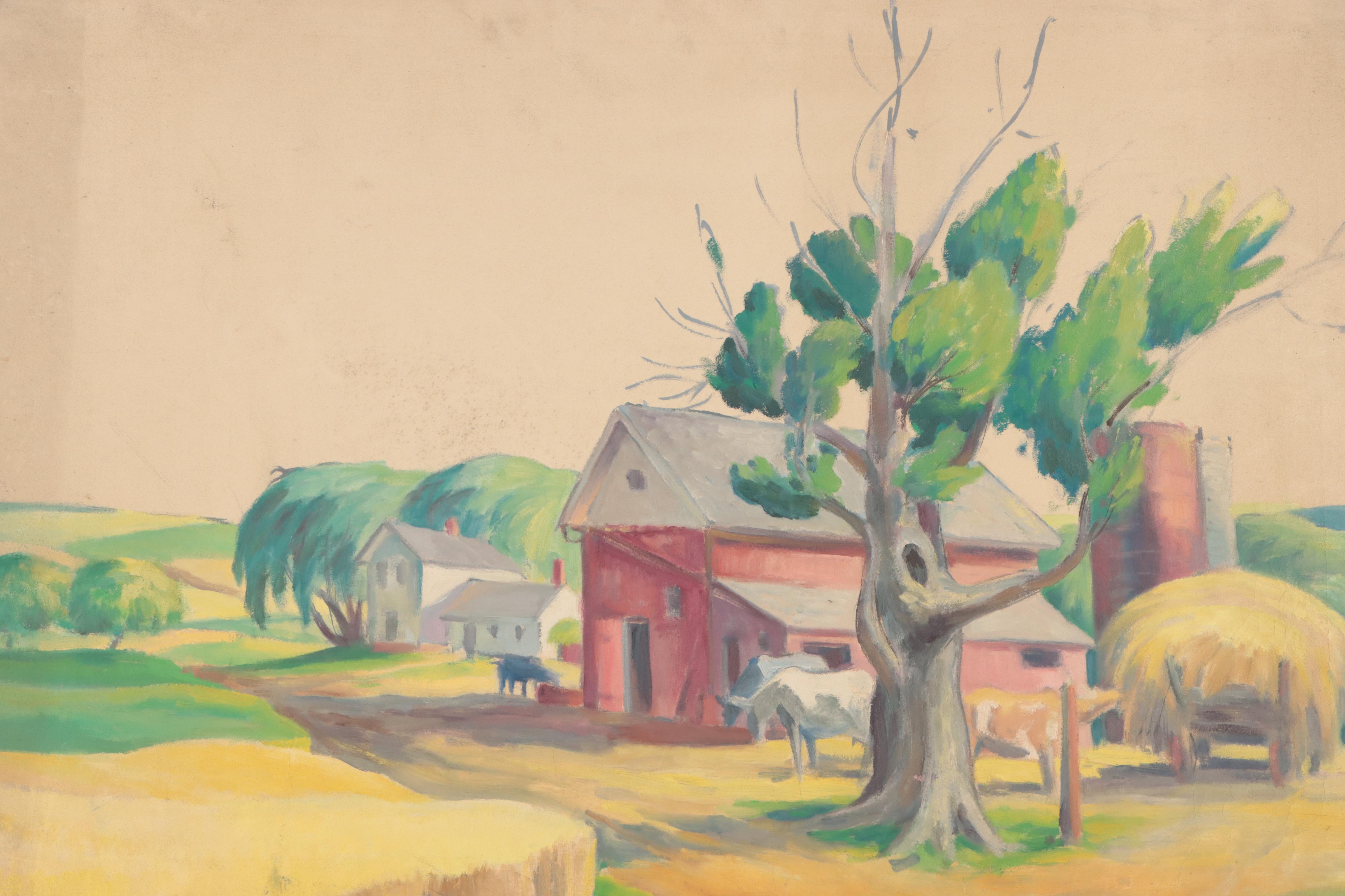 Regionalist Farm Landscape Oil Painting, Circa 1940