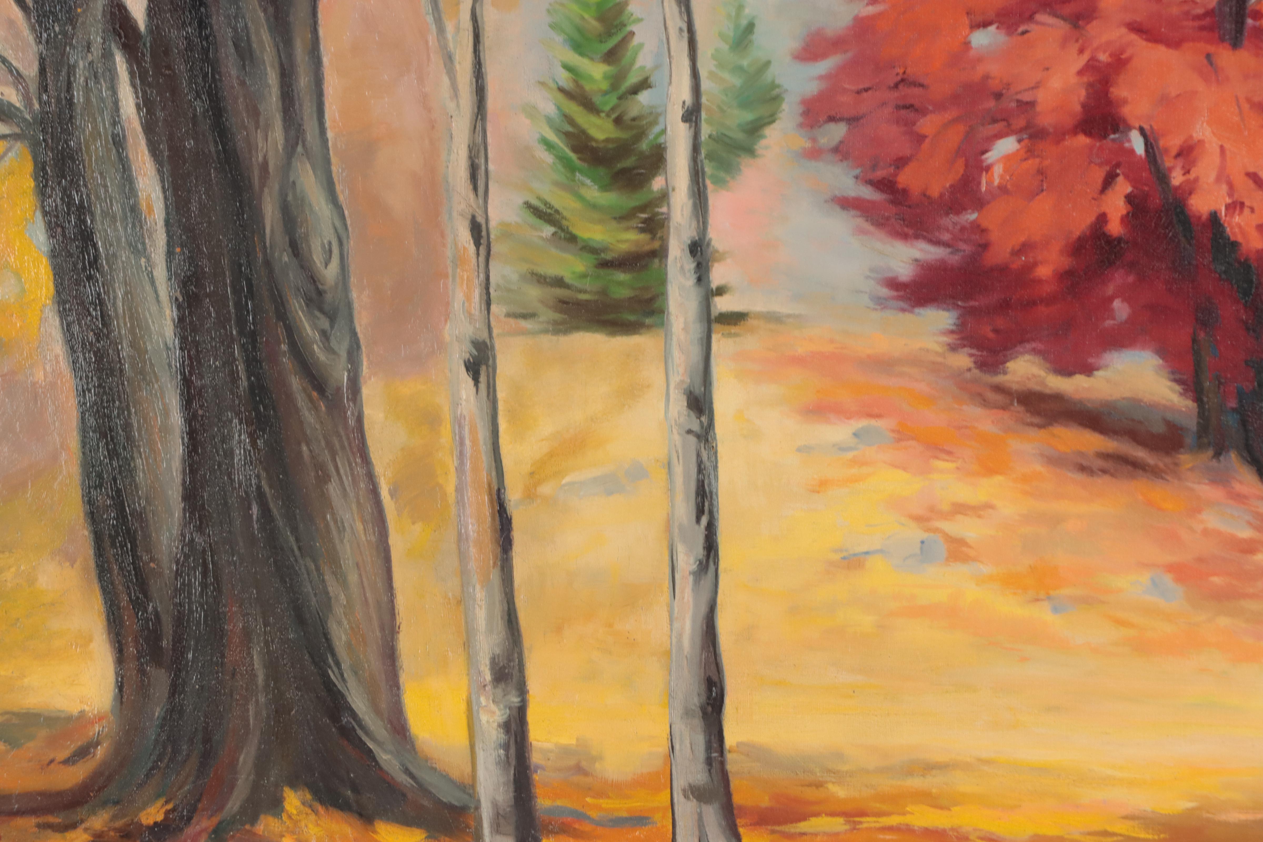 Dan Burne Jones Autumn Landscape Oil Painting "Red Tree," Circa 1960