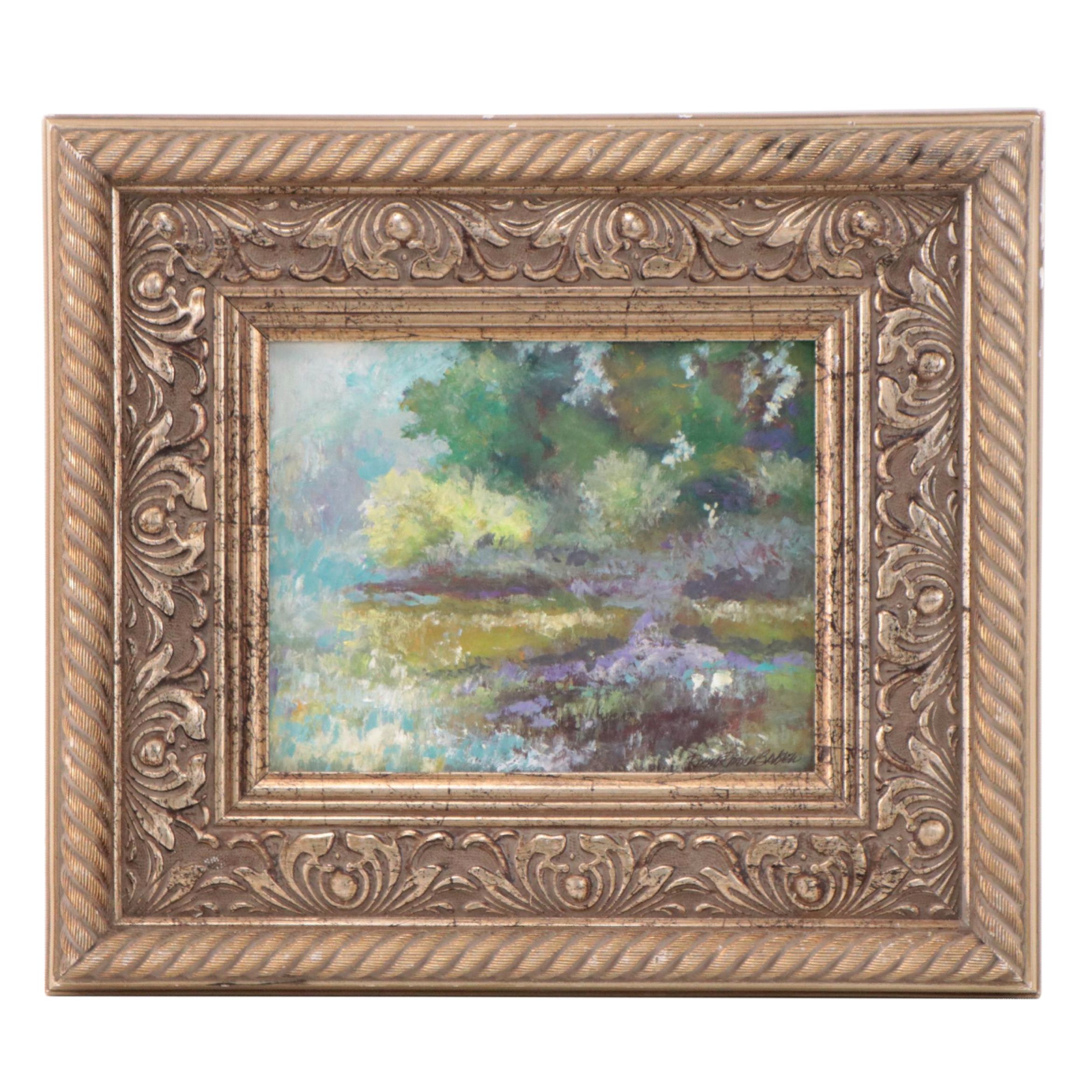 Robert Riddle-Baker Acrylic Painting of Landscape "Edge of the Backwater," 2023