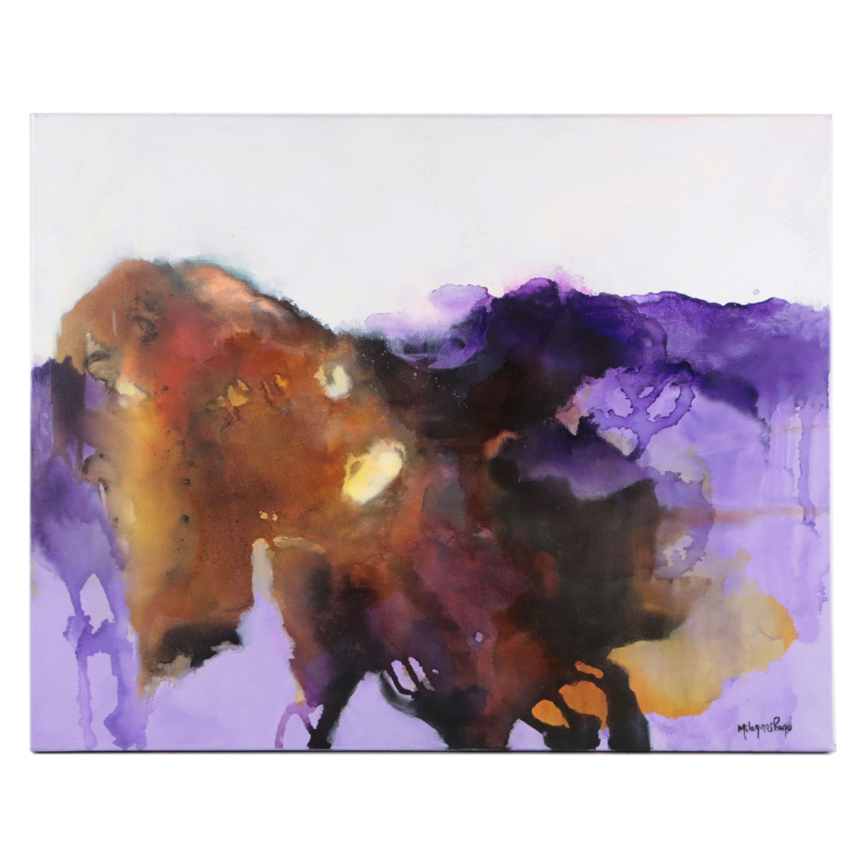 Milagros Pongo Abstract Mixed Media Painting "Purple Life," 21st Century