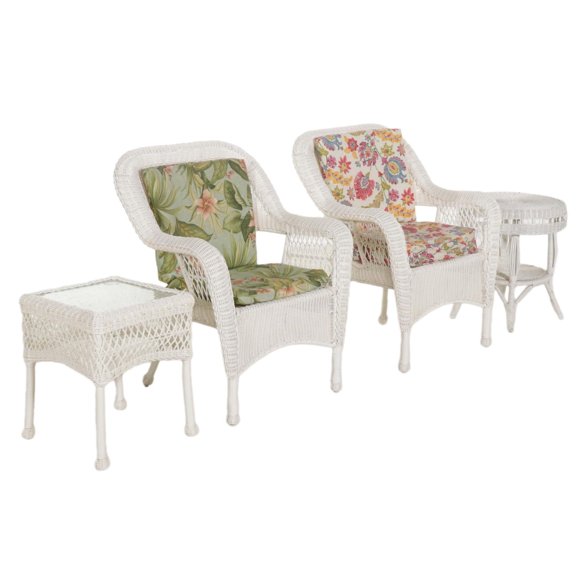 All-Weather Wicker Patio Armchairs and Glass Top Table with White Wicker Table