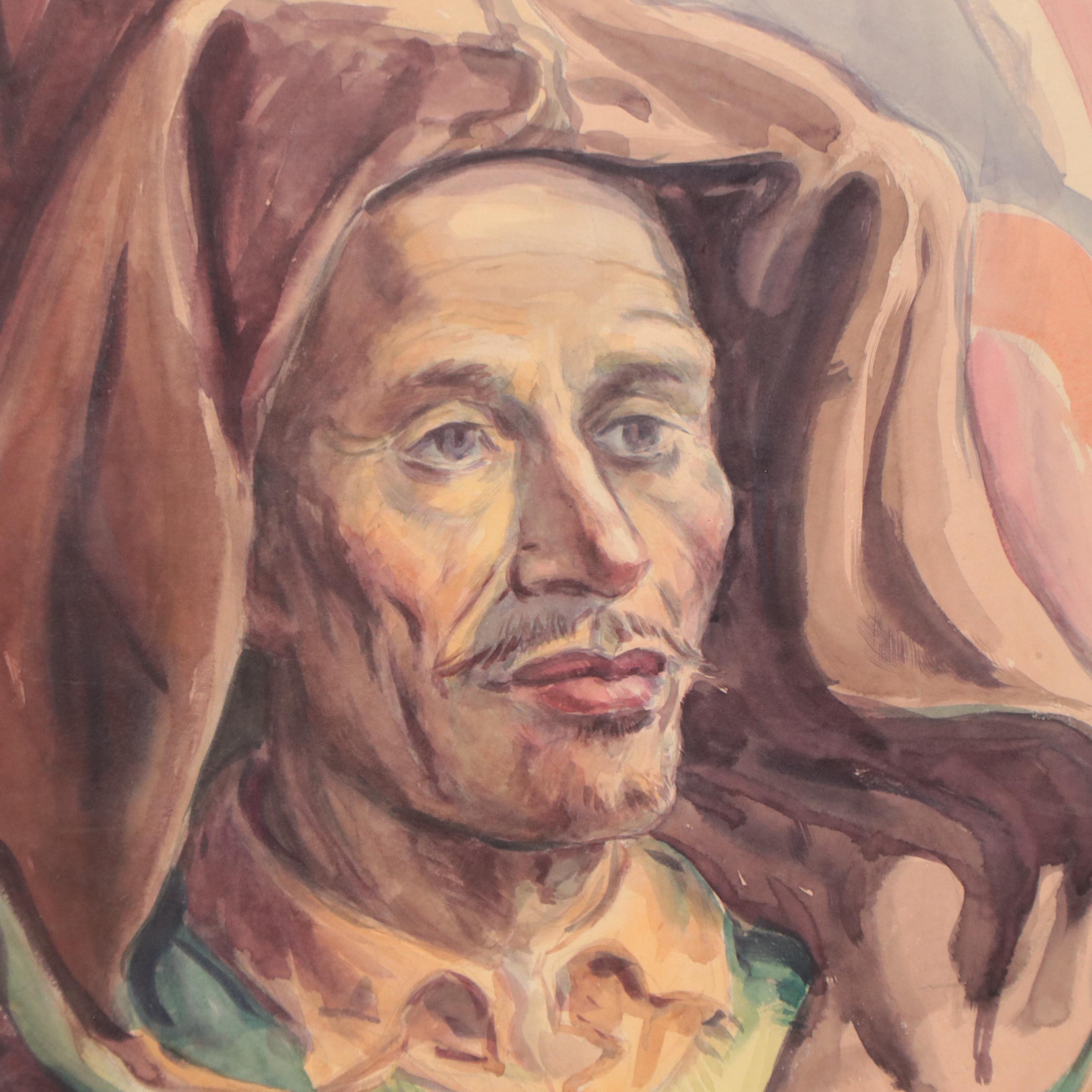 Dan Burne Jones Watercolor Painting Portrait of Robed Man