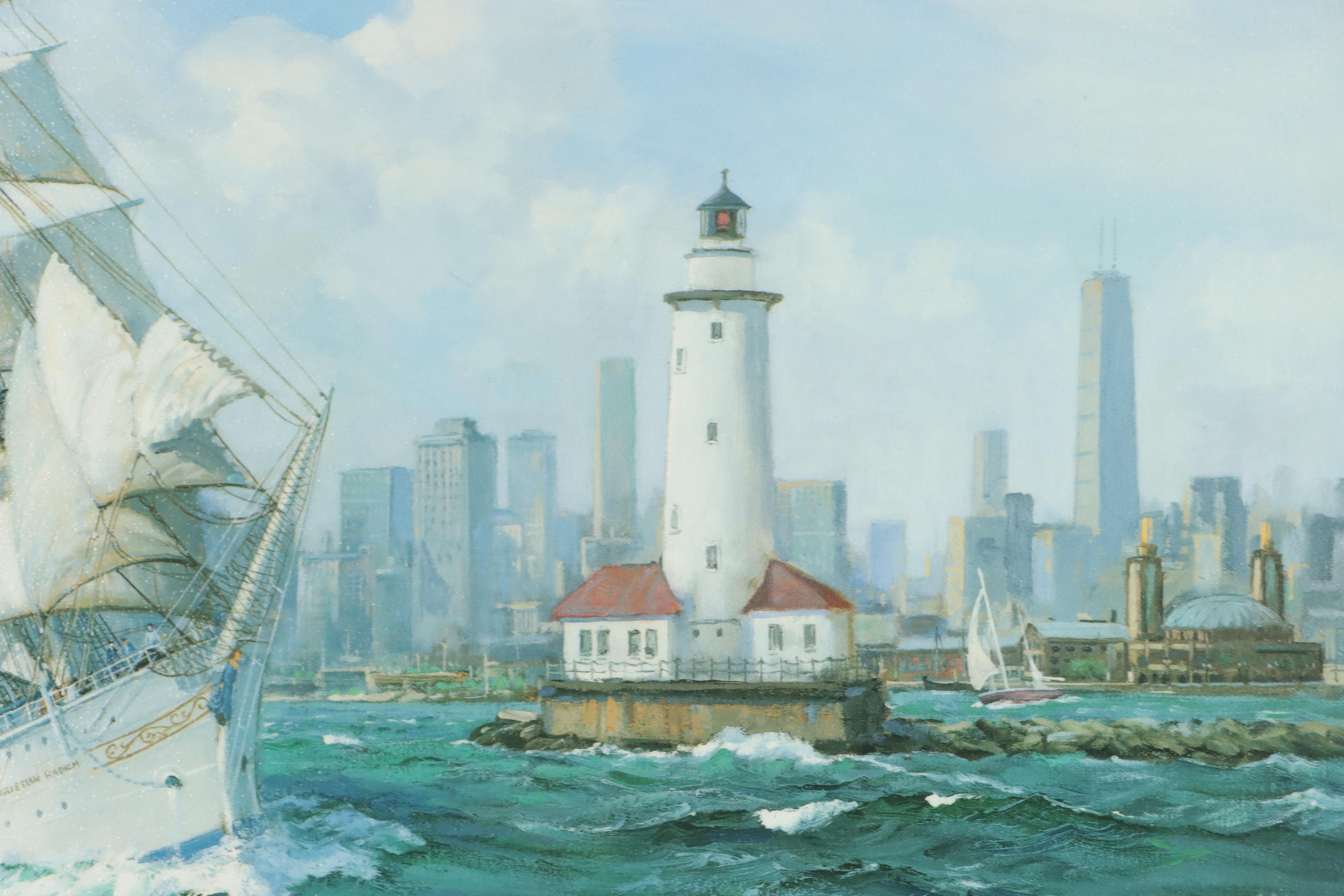 Charles Vickery Nautical Scene Offset Lithograph "Farewell Chicago"
