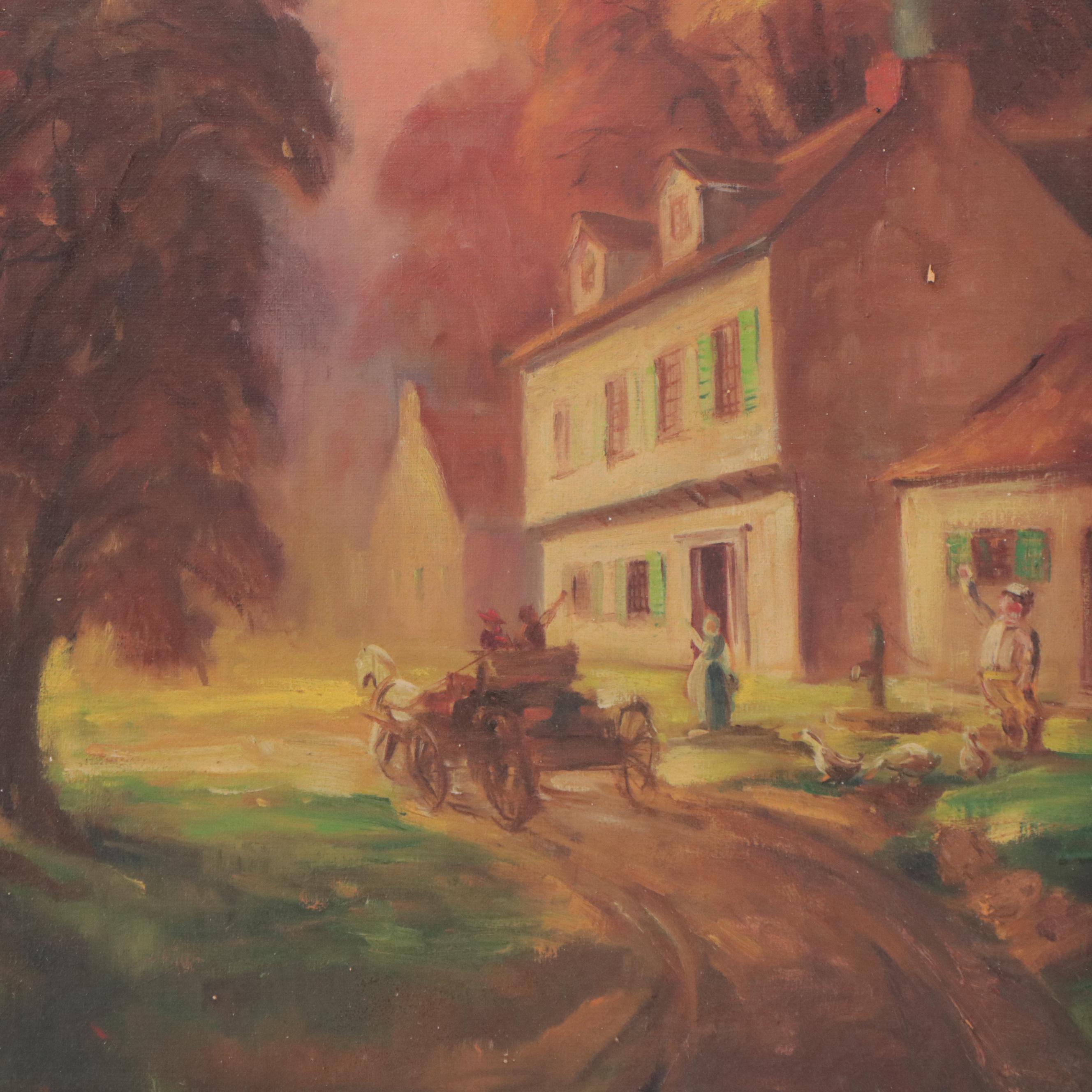 Dan Burne Jones Residential Landscape at Sunset Oil Painting, Mid-20th Century