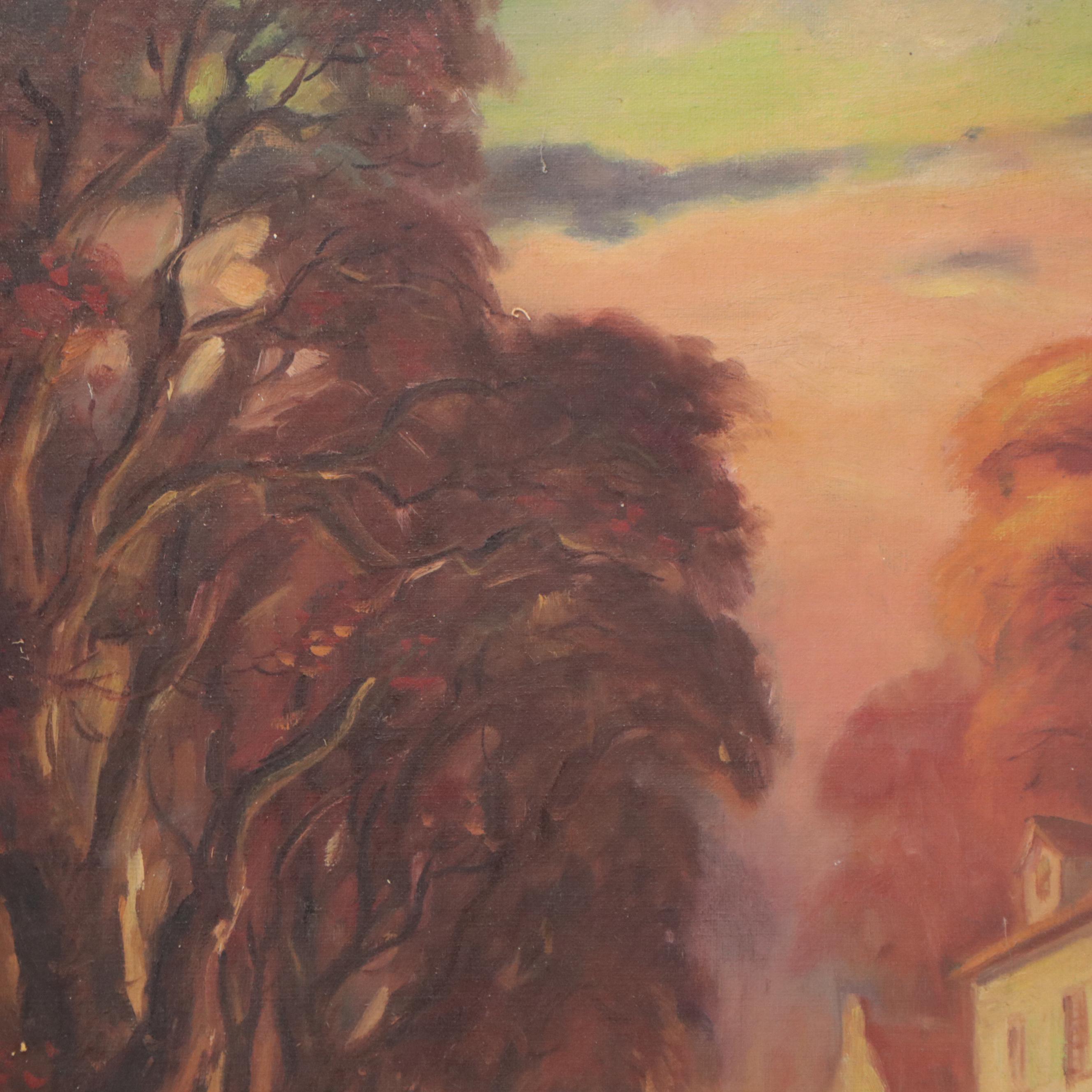 Dan Burne Jones Residential Landscape at Sunset Oil Painting, Mid-20th Century