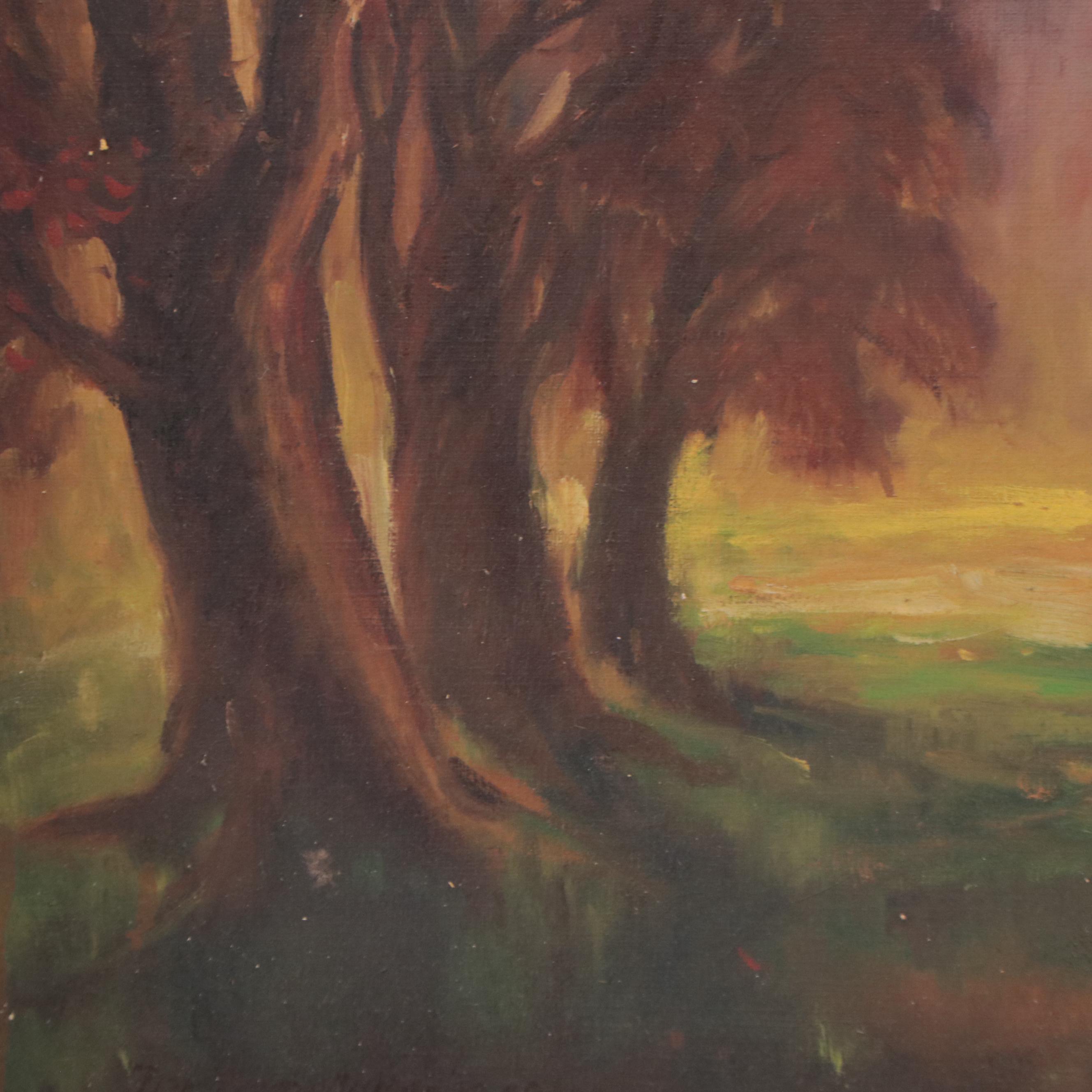 Dan Burne Jones Residential Landscape at Sunset Oil Painting, Mid-20th Century