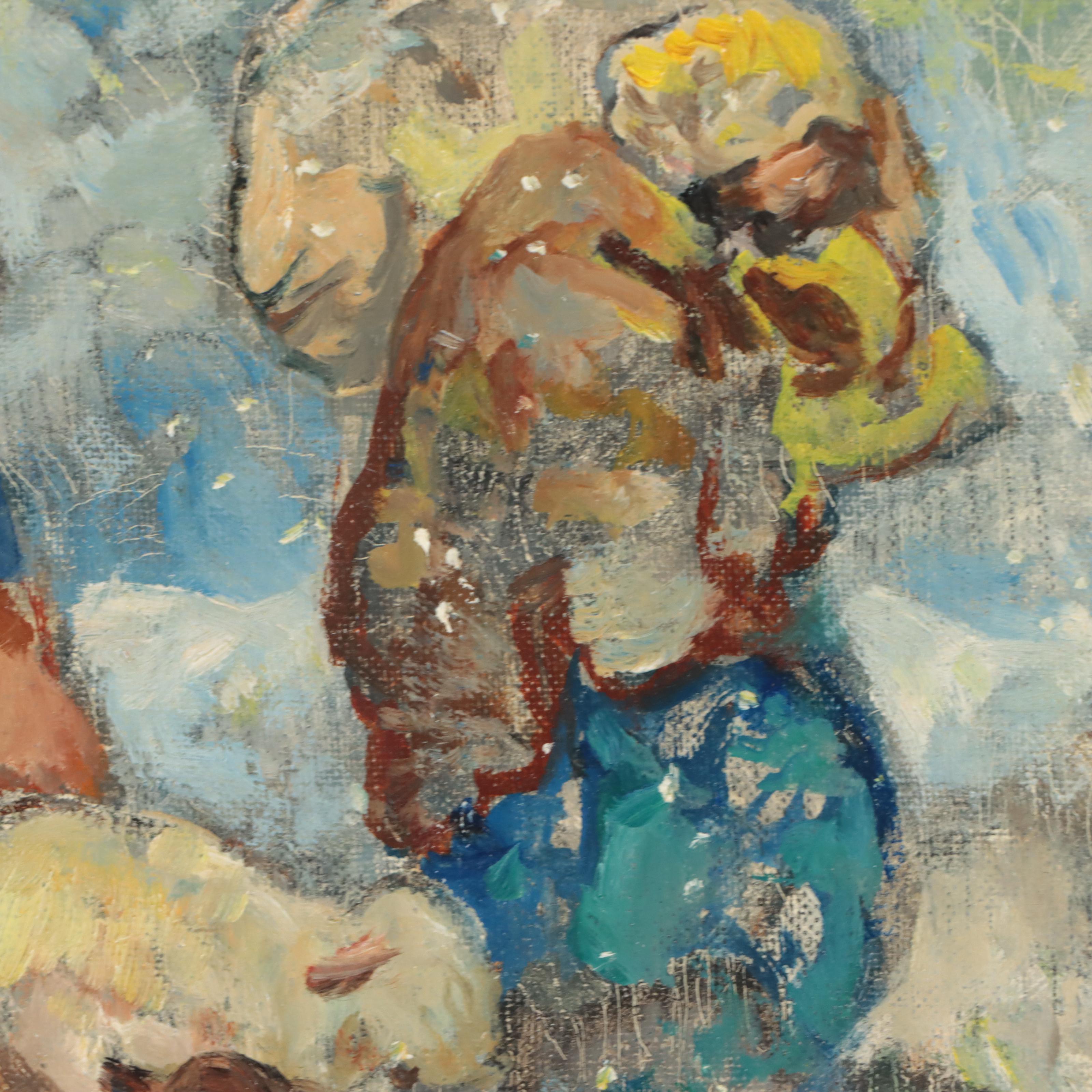 Post Impressionist Style Oil Painting of Peasants With Sheep