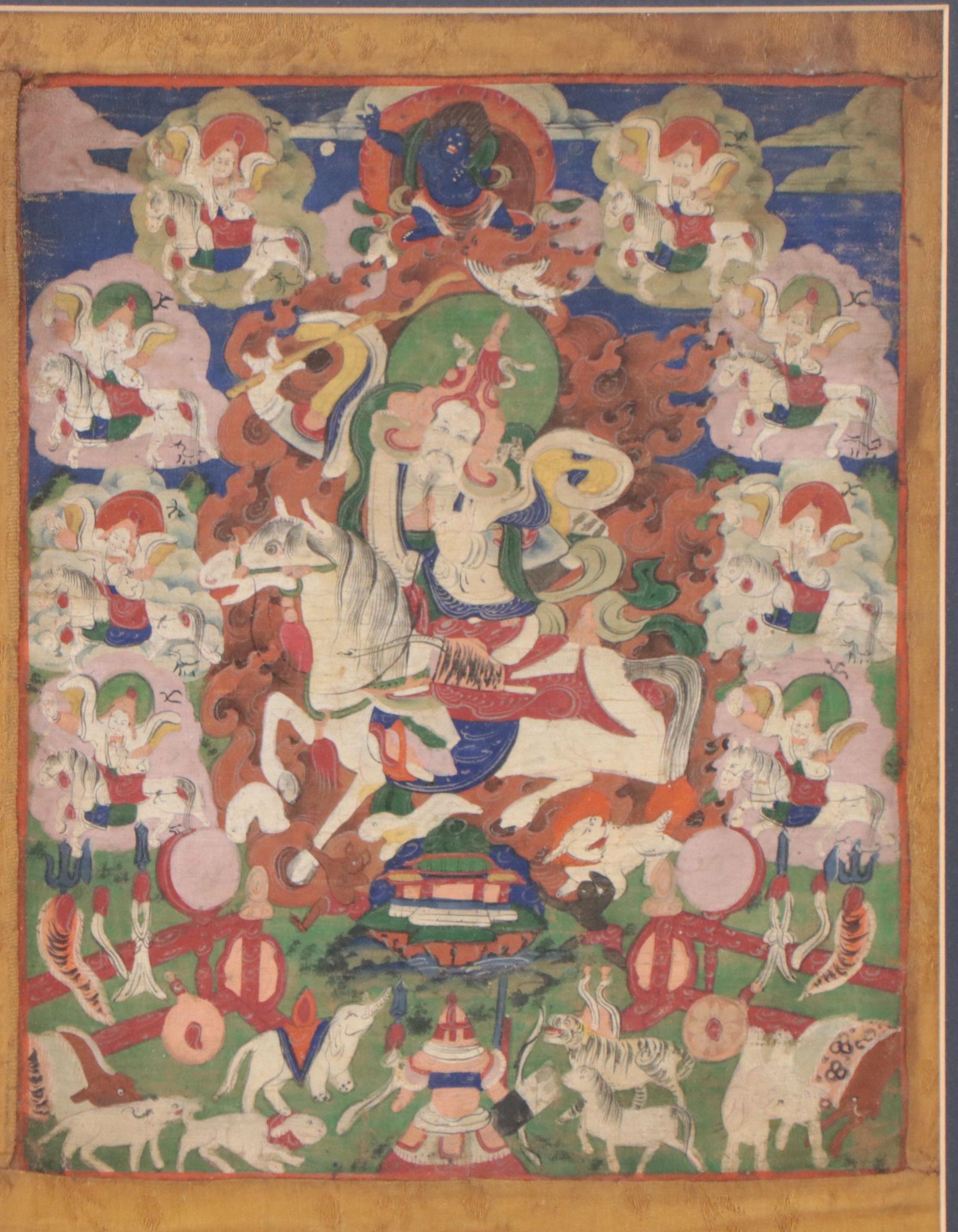 Tibetan Buddhist Gouache Thangka of Dralha Tatug Karpo and Brothers