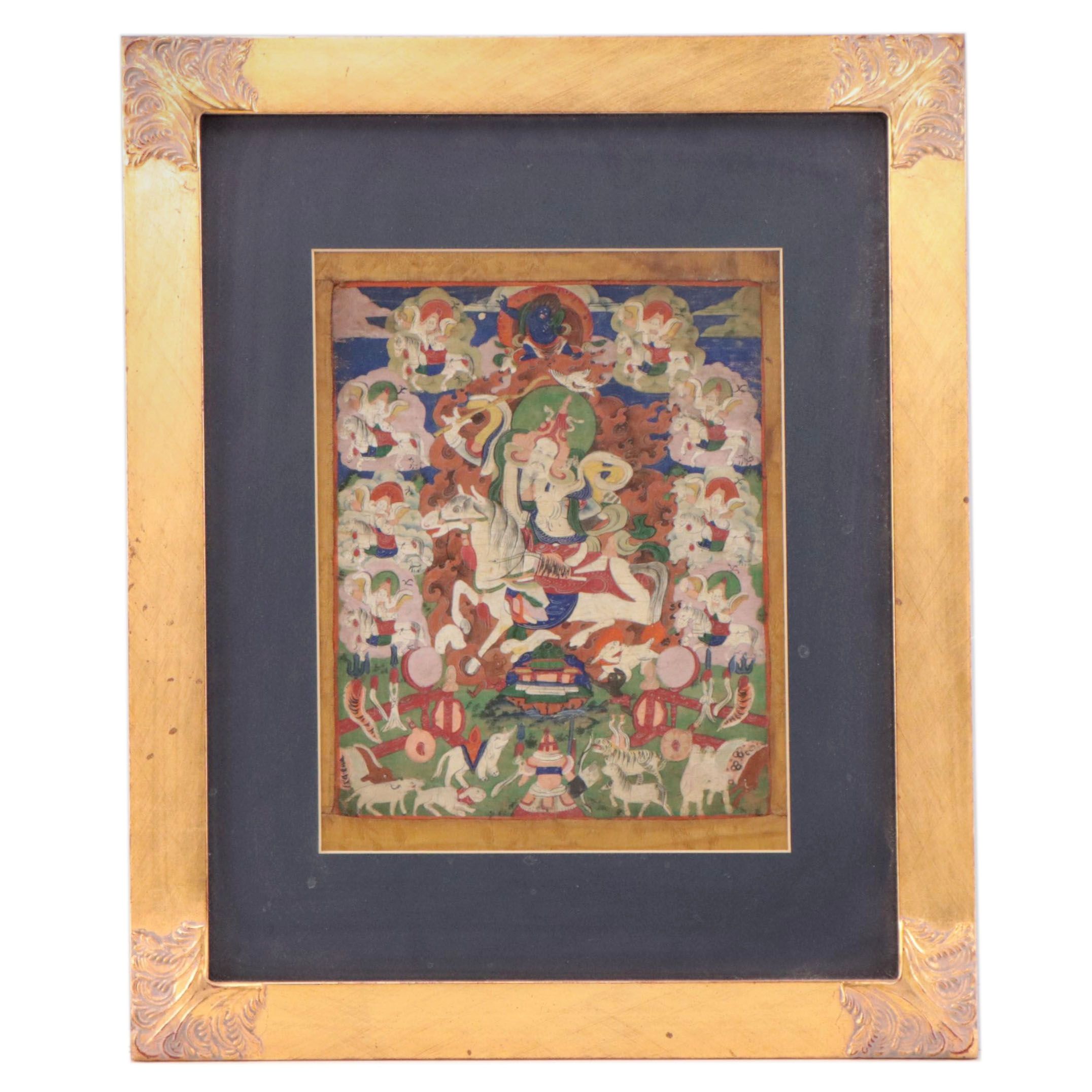 Tibetan Buddhist Gouache Thangka of Dralha Tatug Karpo and Brothers