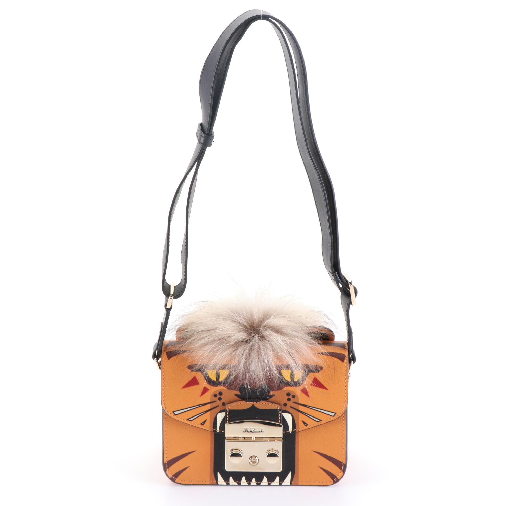 Furla Metropolis Jungle Collection Crossbody in Grained Leather and Fox Fur Trim