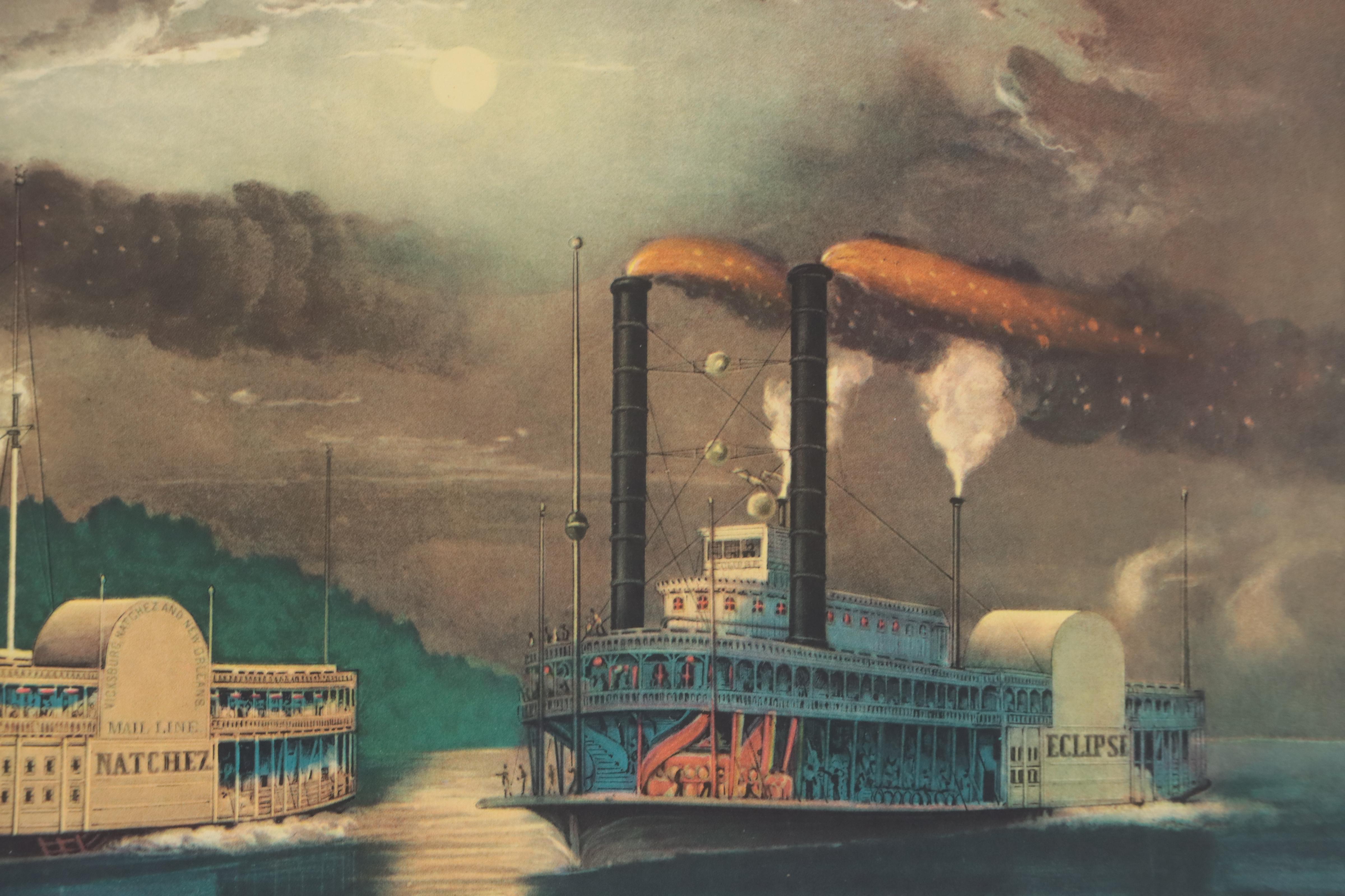 Offset Lithograph After Fanny Palmer "A Midnight Race on the Mississippi"