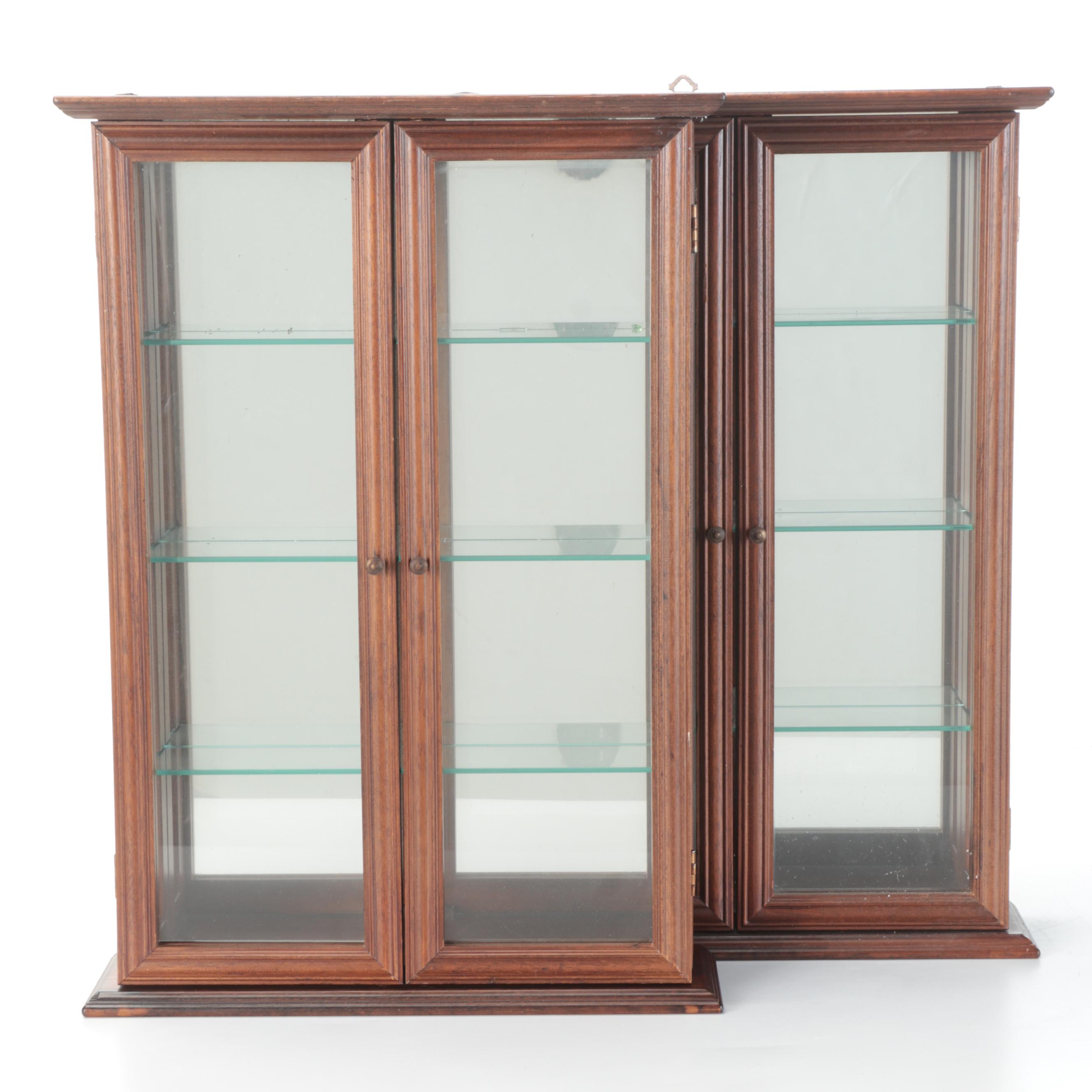 Pair of Wooden Wall-Mount Display Cabinets with Glass Shelves
