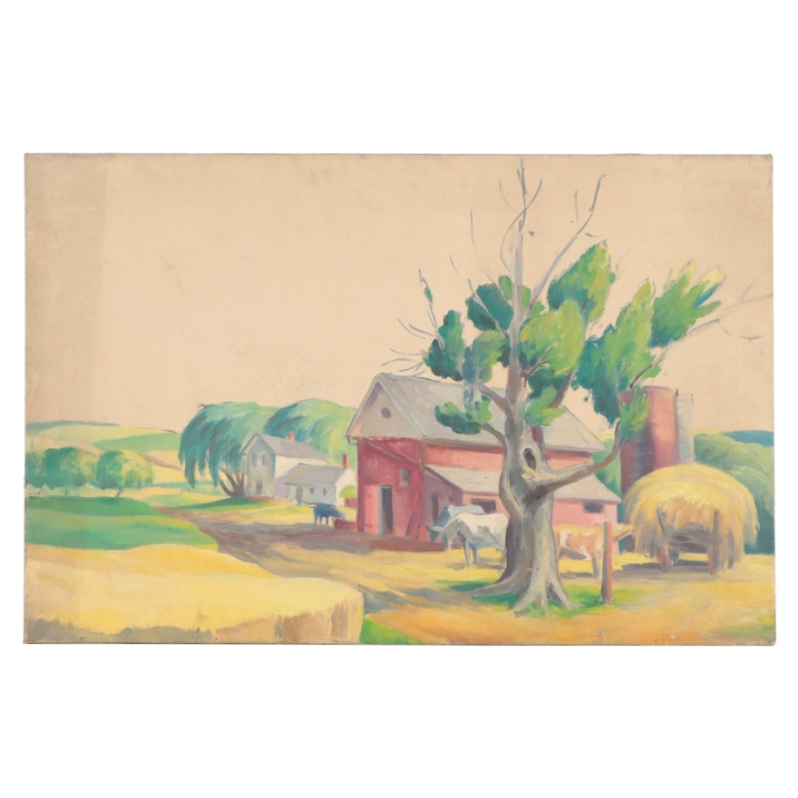 Regionalist Farm Landscape Oil Painting, Circa 1940