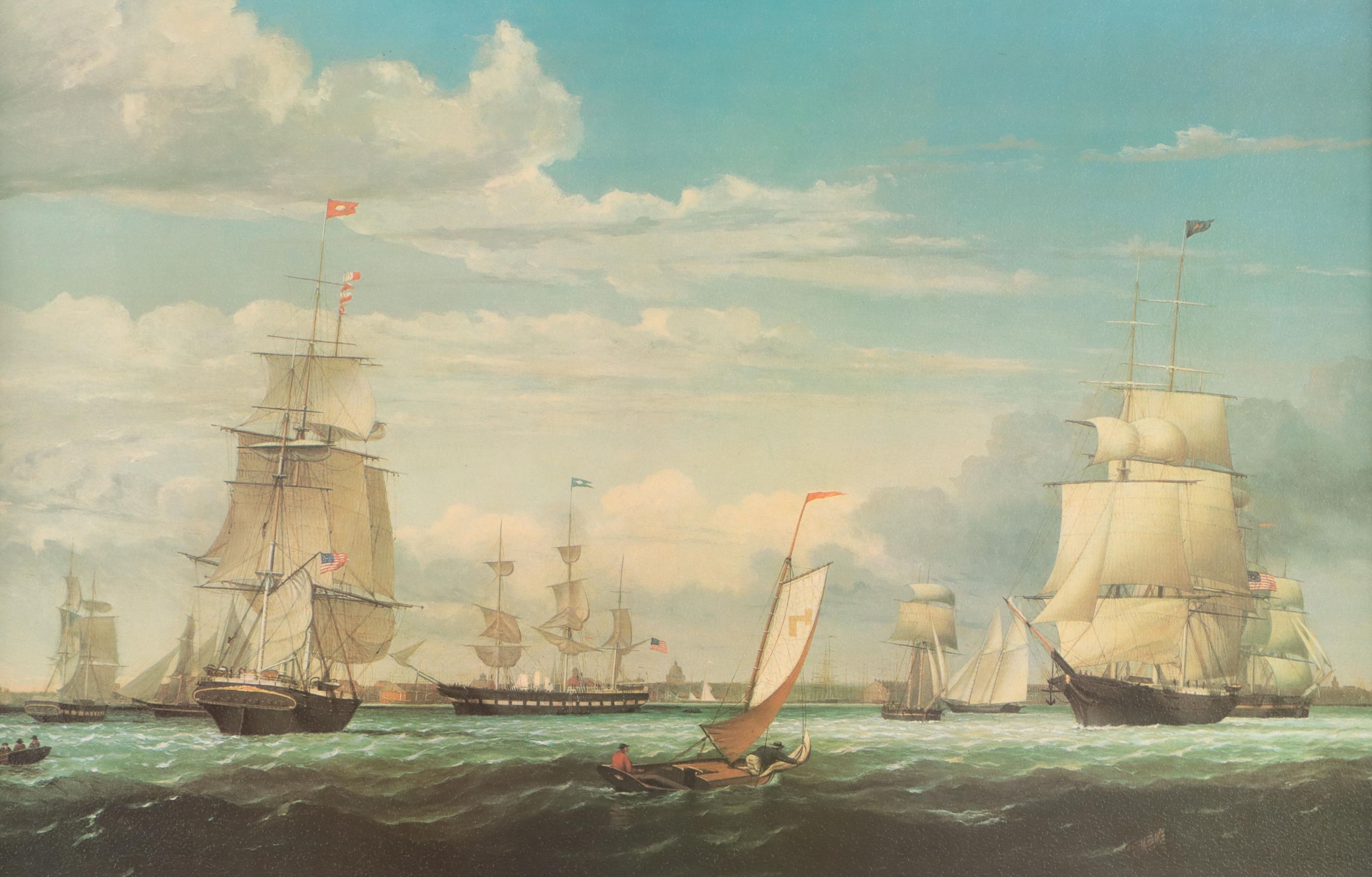 Offset Lithograph of Naval Scene After Fitz Henry Lane "Boston Harbor"