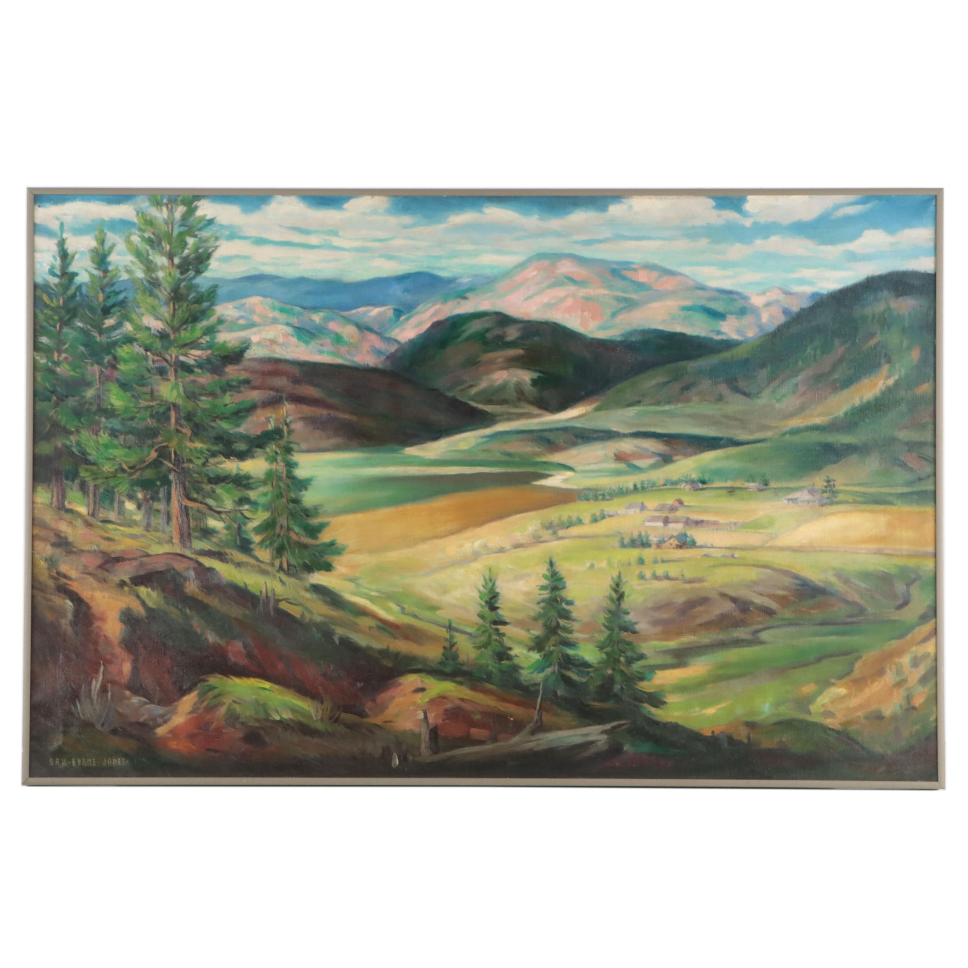 Dan Burne Jones Mountain Valley Landscape Oil Painting, 1951