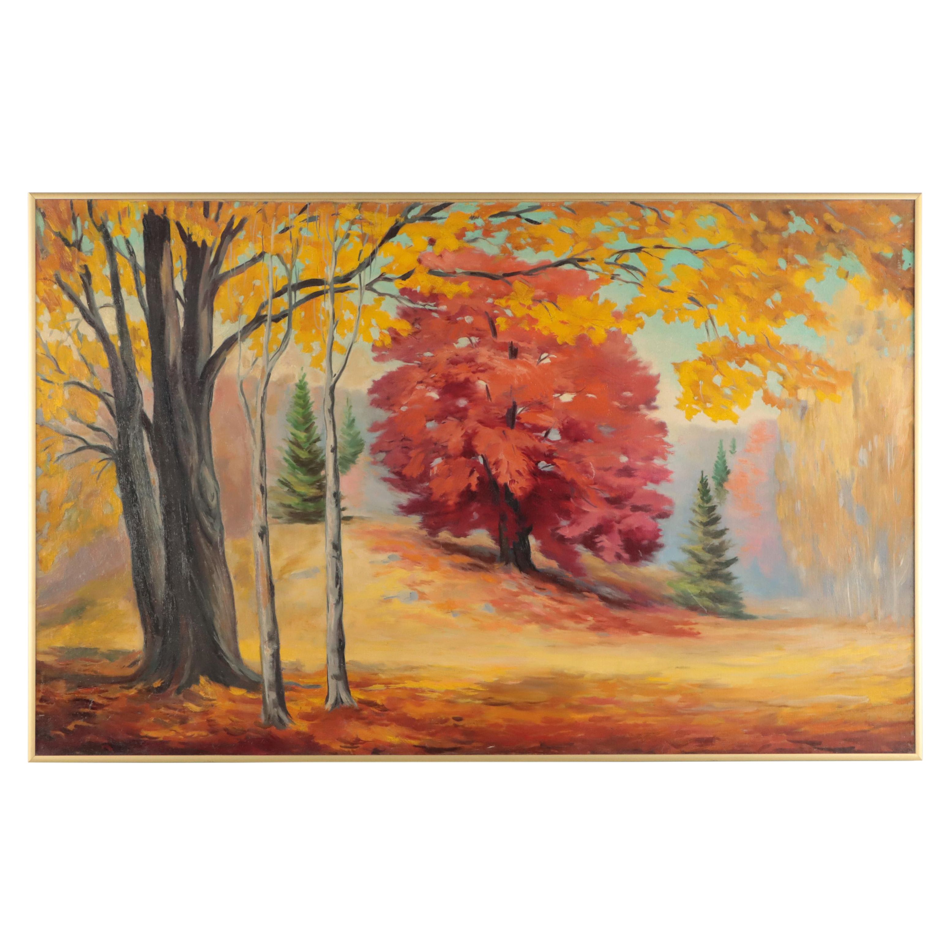 Dan Burne Jones Autumn Landscape Oil Painting "Red Tree," Circa 1960