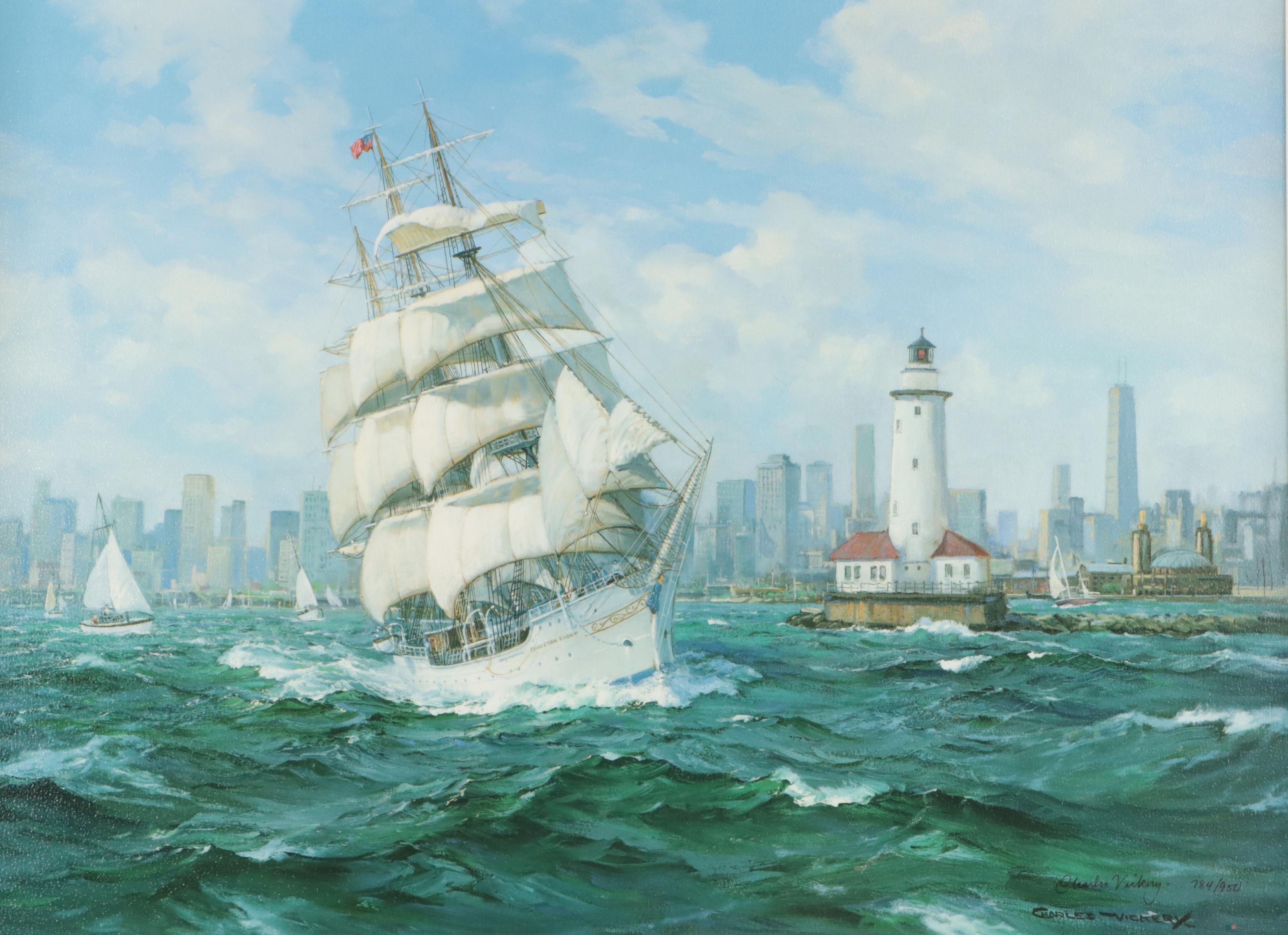 Charles Vickery Nautical Scene Offset Lithograph "Farewell Chicago"