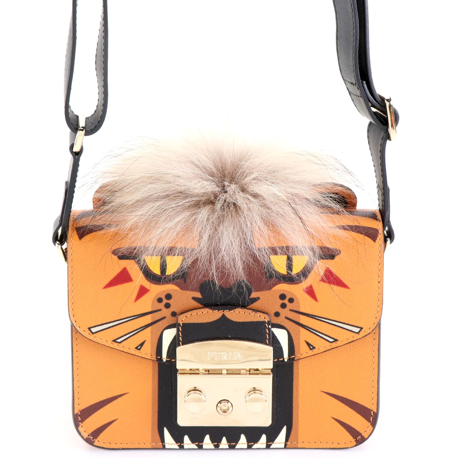Furla Metropolis Jungle Collection Crossbody in Grained Leather and Fox Fur Trim